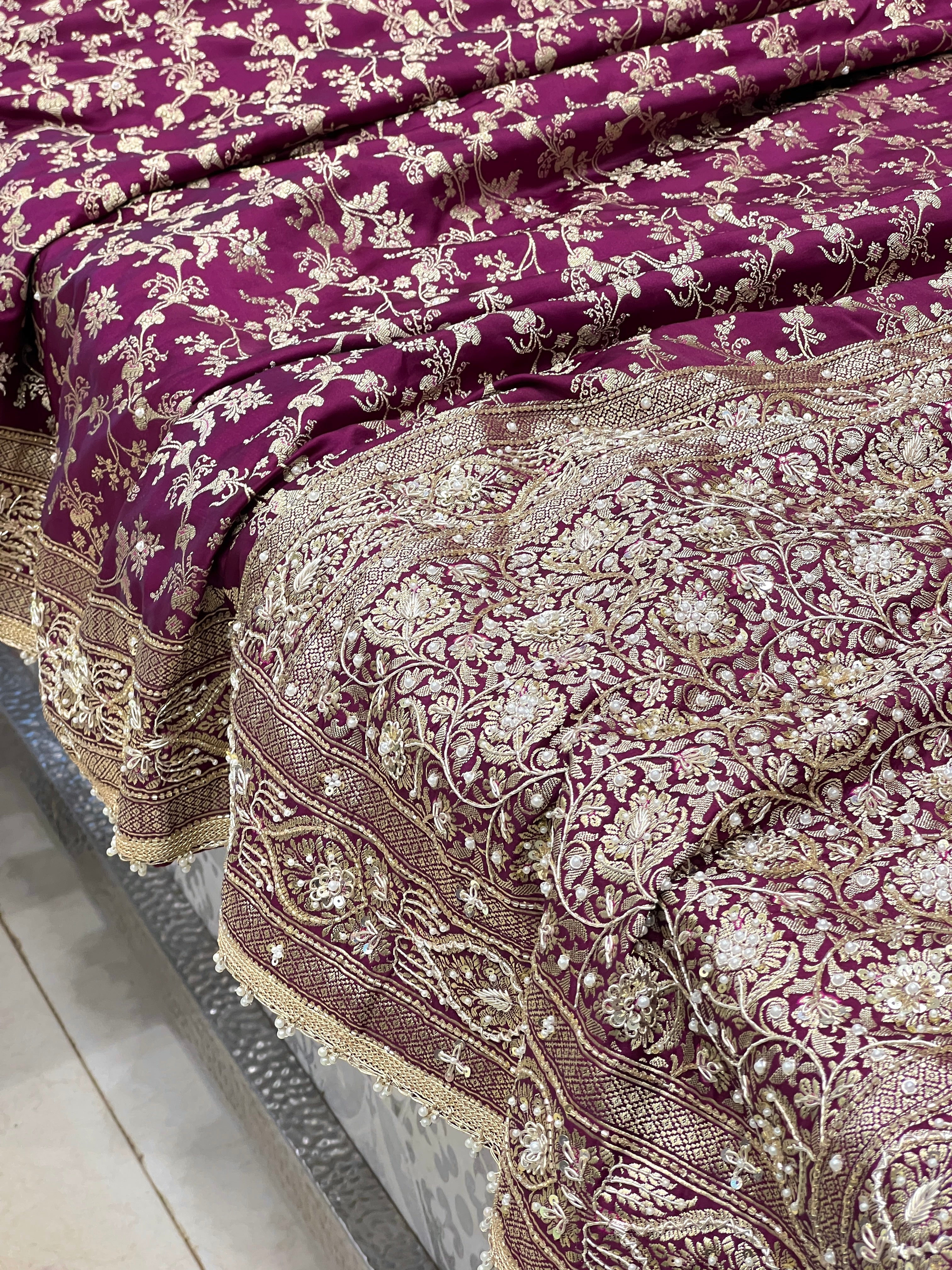 Wine Banarasi Bloom Border Hand Embroidery Saree