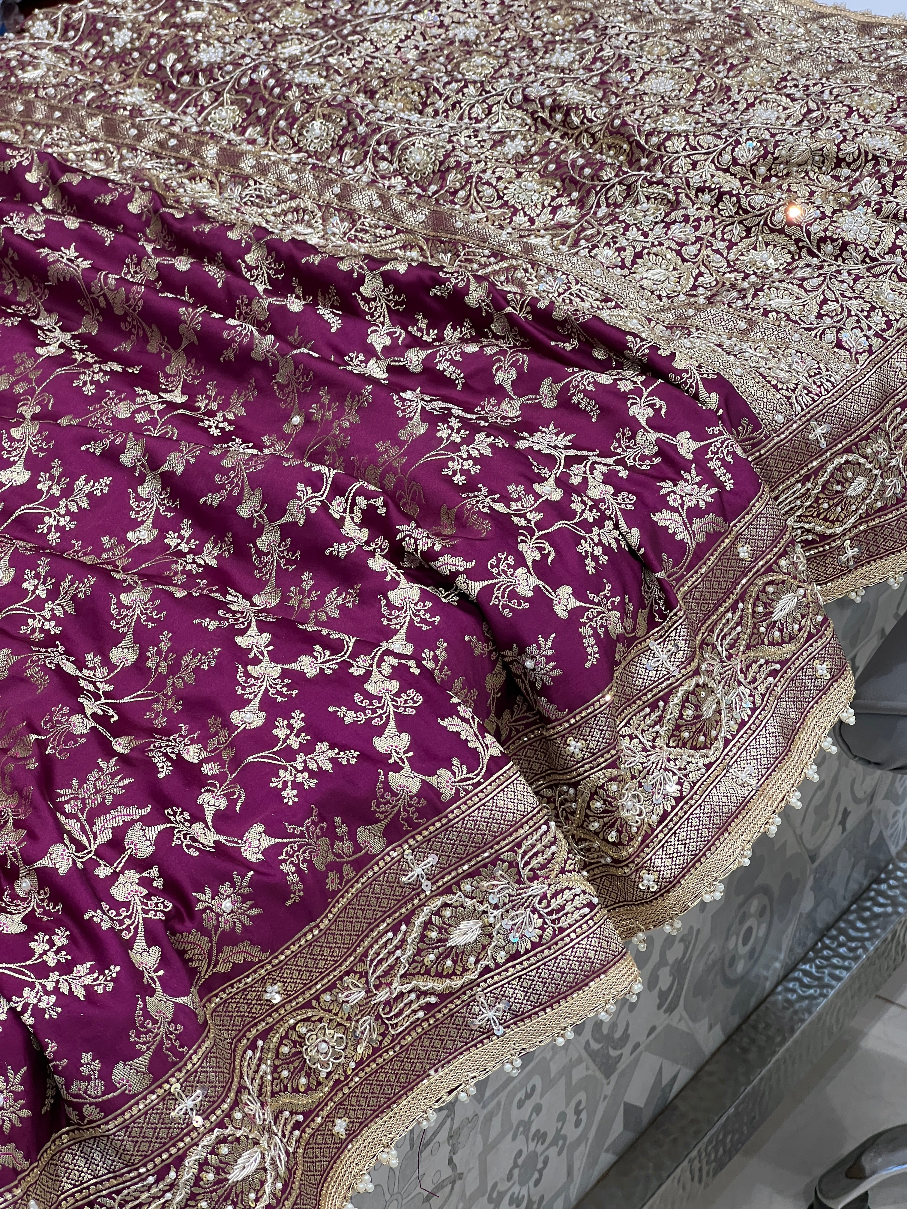 Wine Banarasi Bloom Border Hand Embroidery Saree