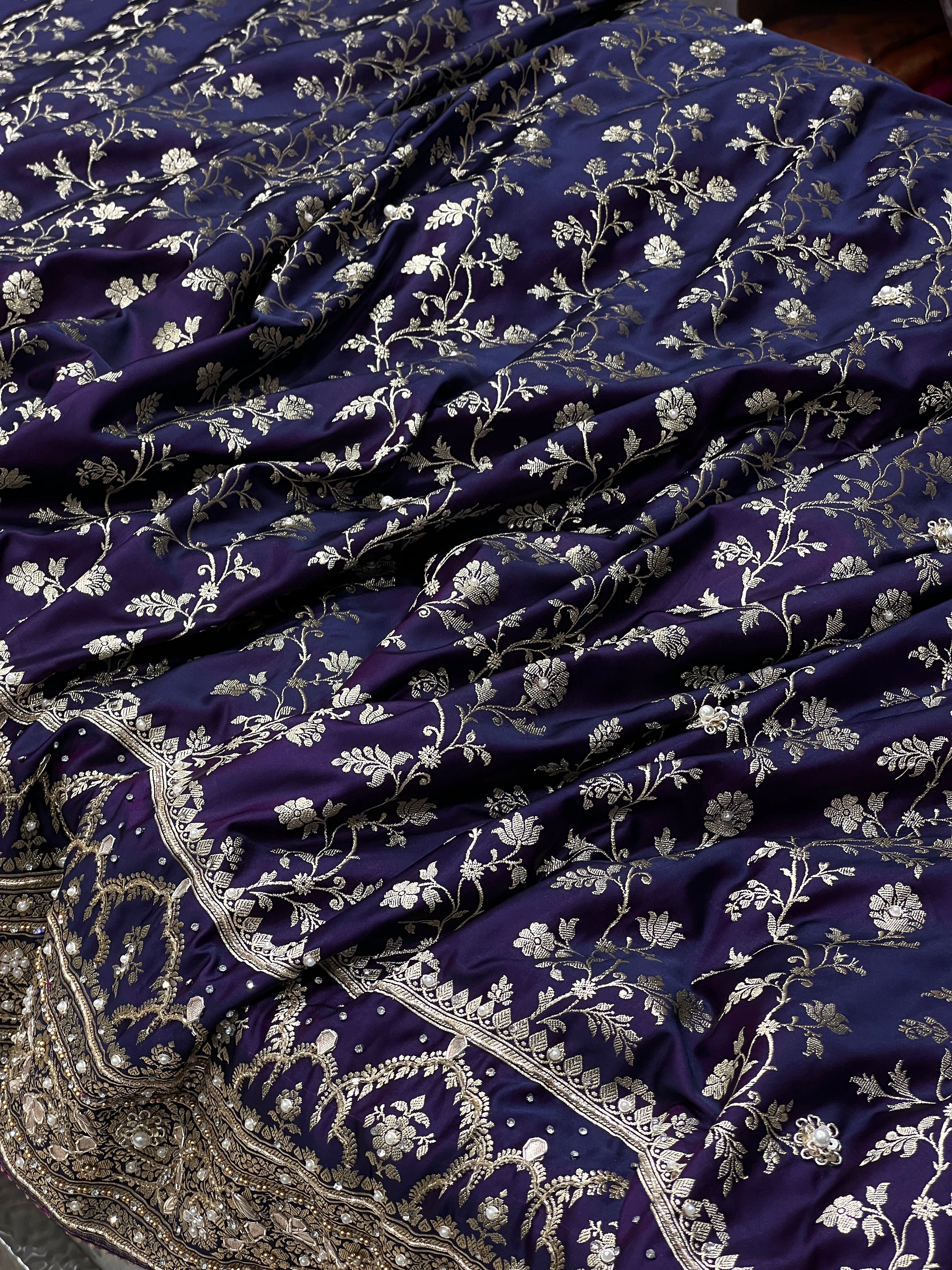 Blueish Purple Dhup Chav Banarasi Hand Embroidery Saree