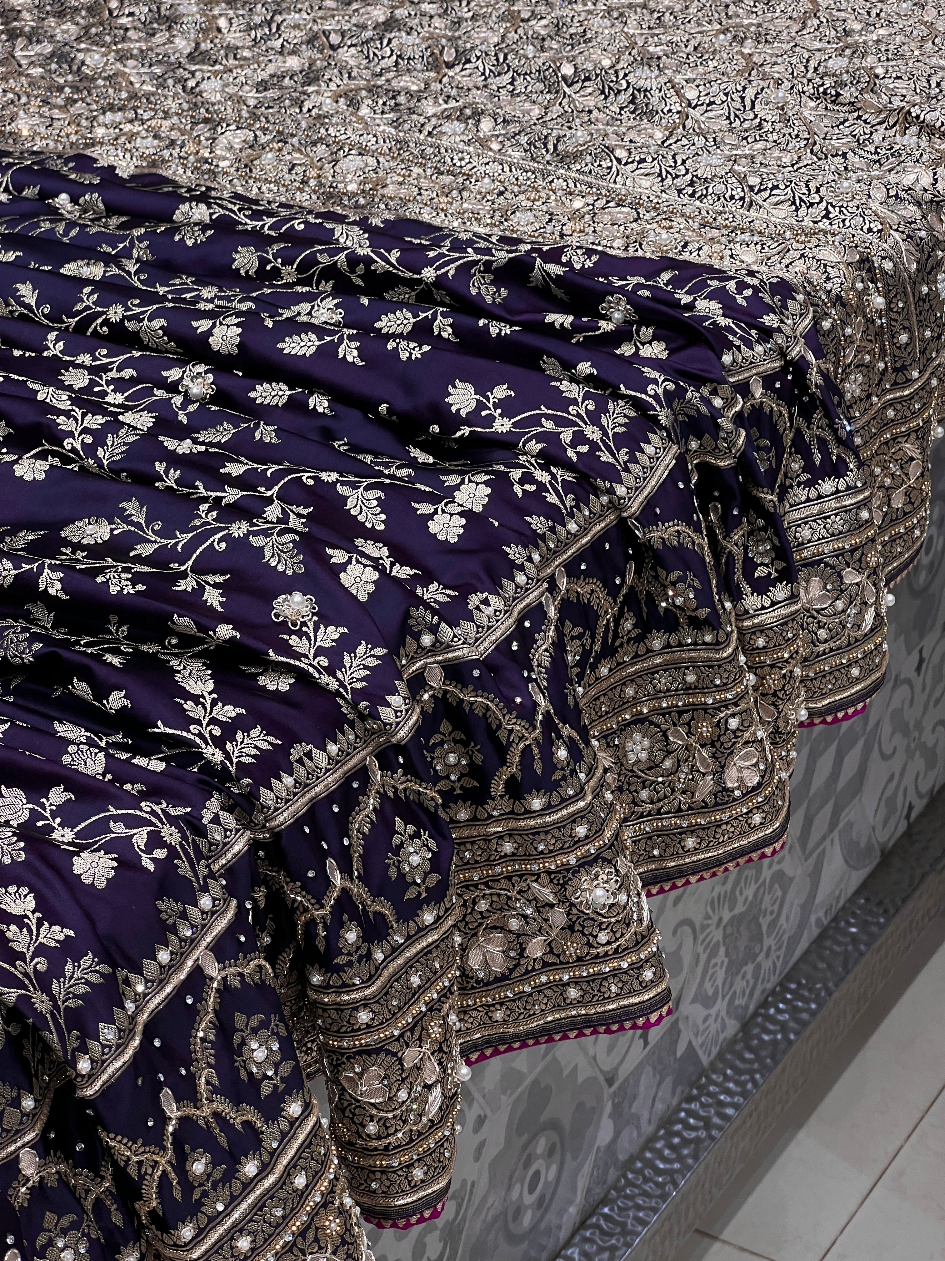 Blueish Purple Dhup Chav Banarasi Hand Embroidery Saree