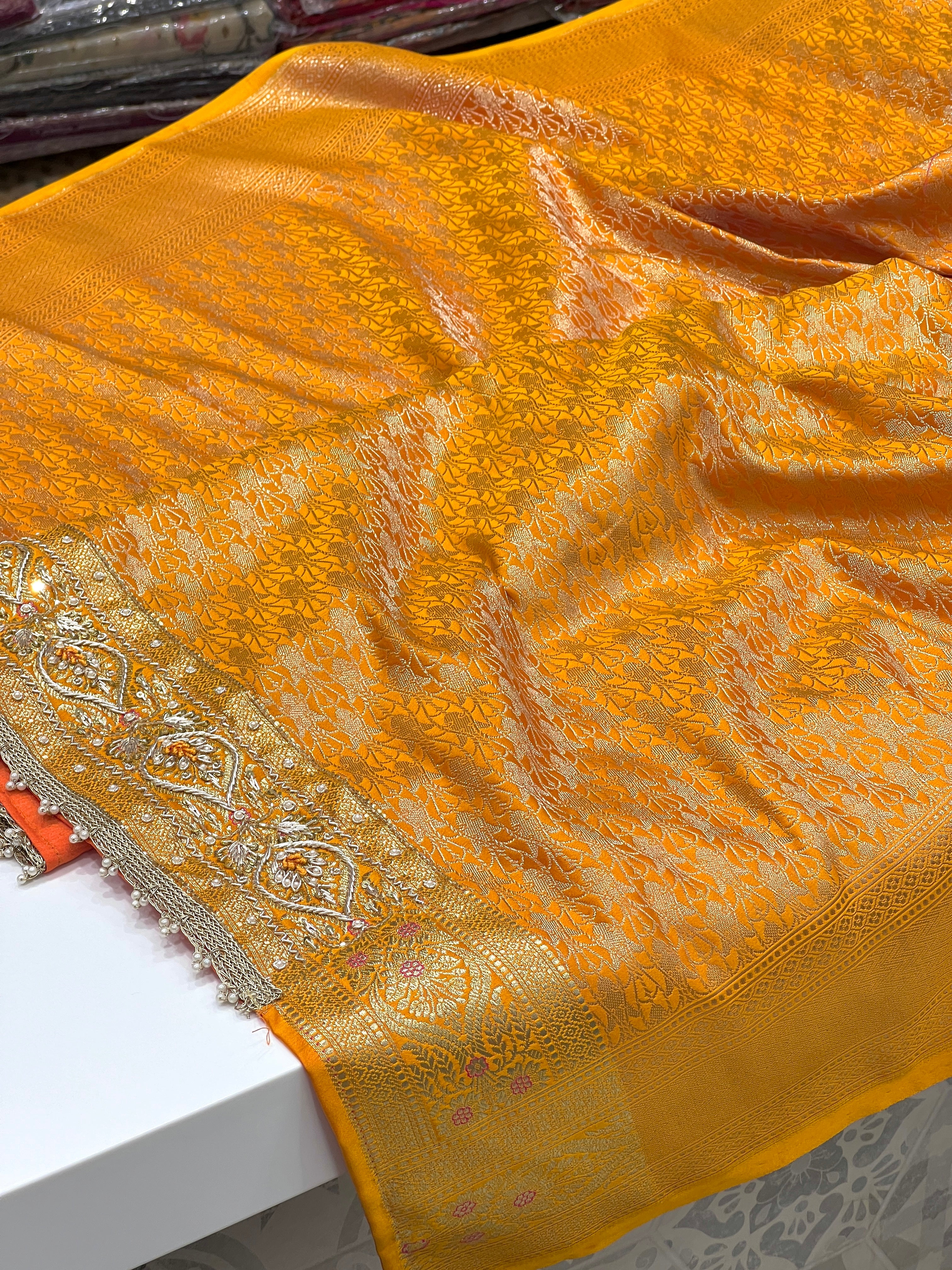 Mango Yellow Banarasi Zardozi Hand Embroidery Saree
