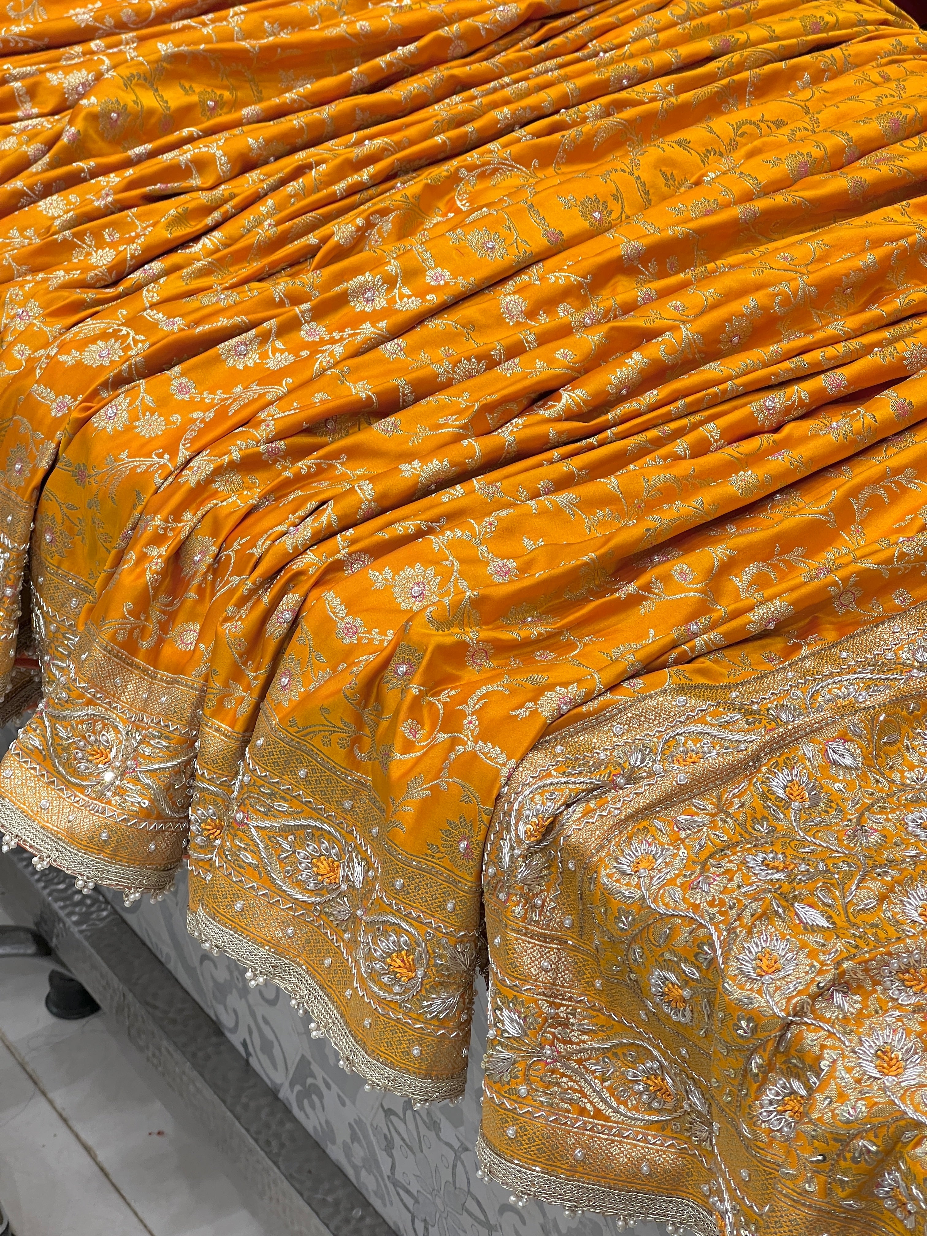 Mango Yellow Banarasi Bloom Border Zardozi Hand Embroidery Saree