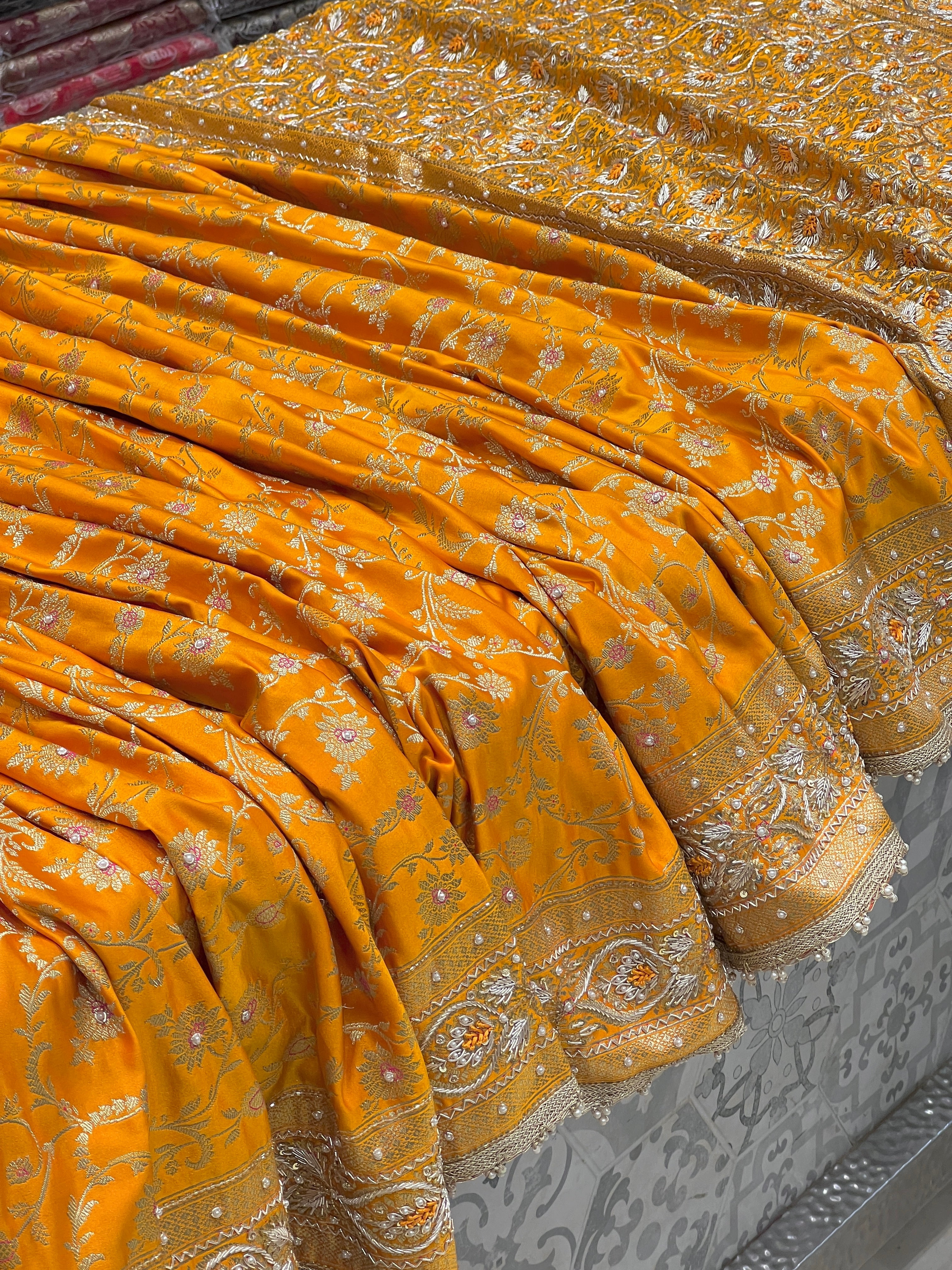 Mango Yellow Banarasi Bloom Border Zardozi Hand Embroidery Saree