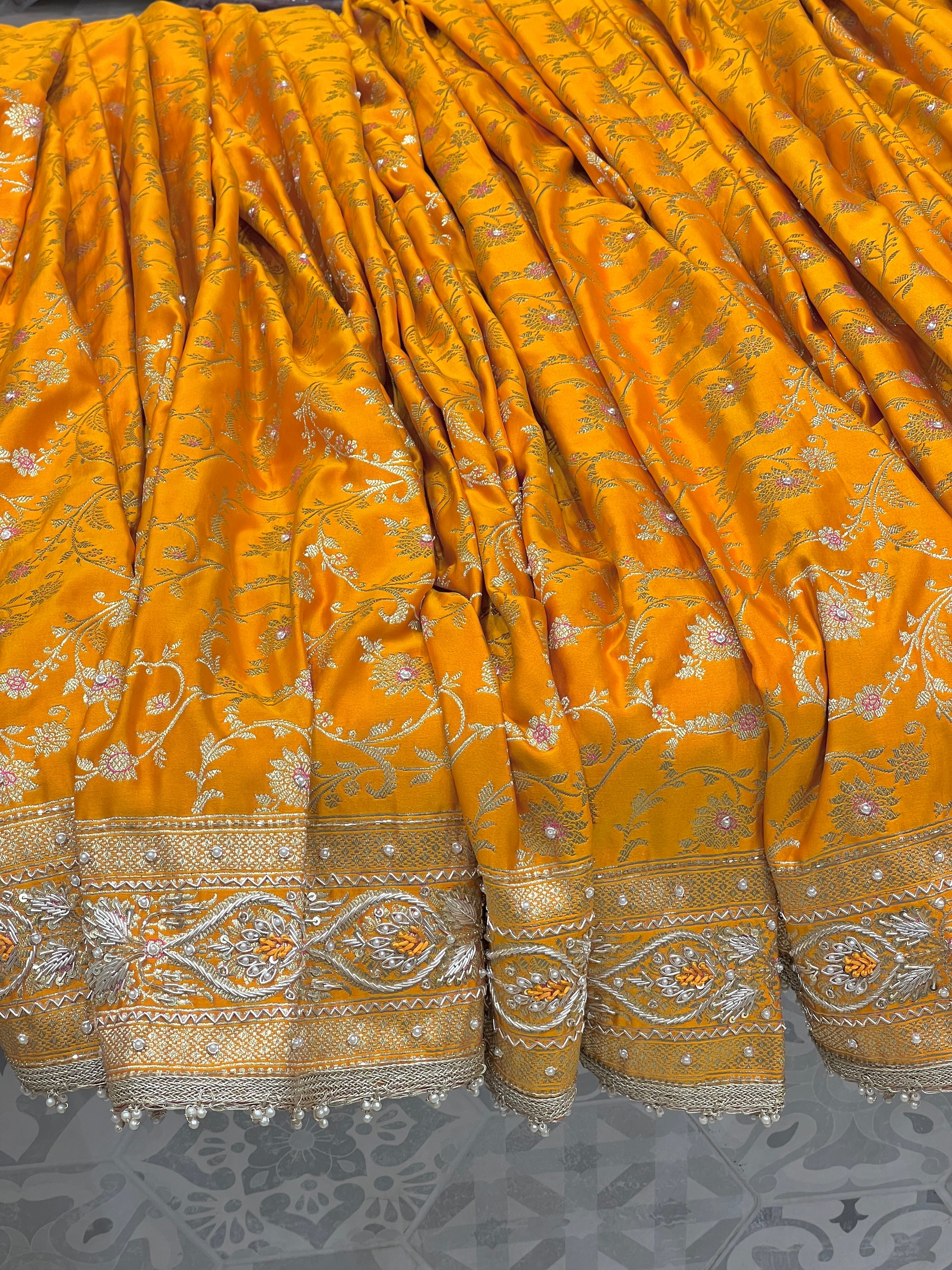 Mango Yellow Banarasi Zardozi Hand Embroidery Saree