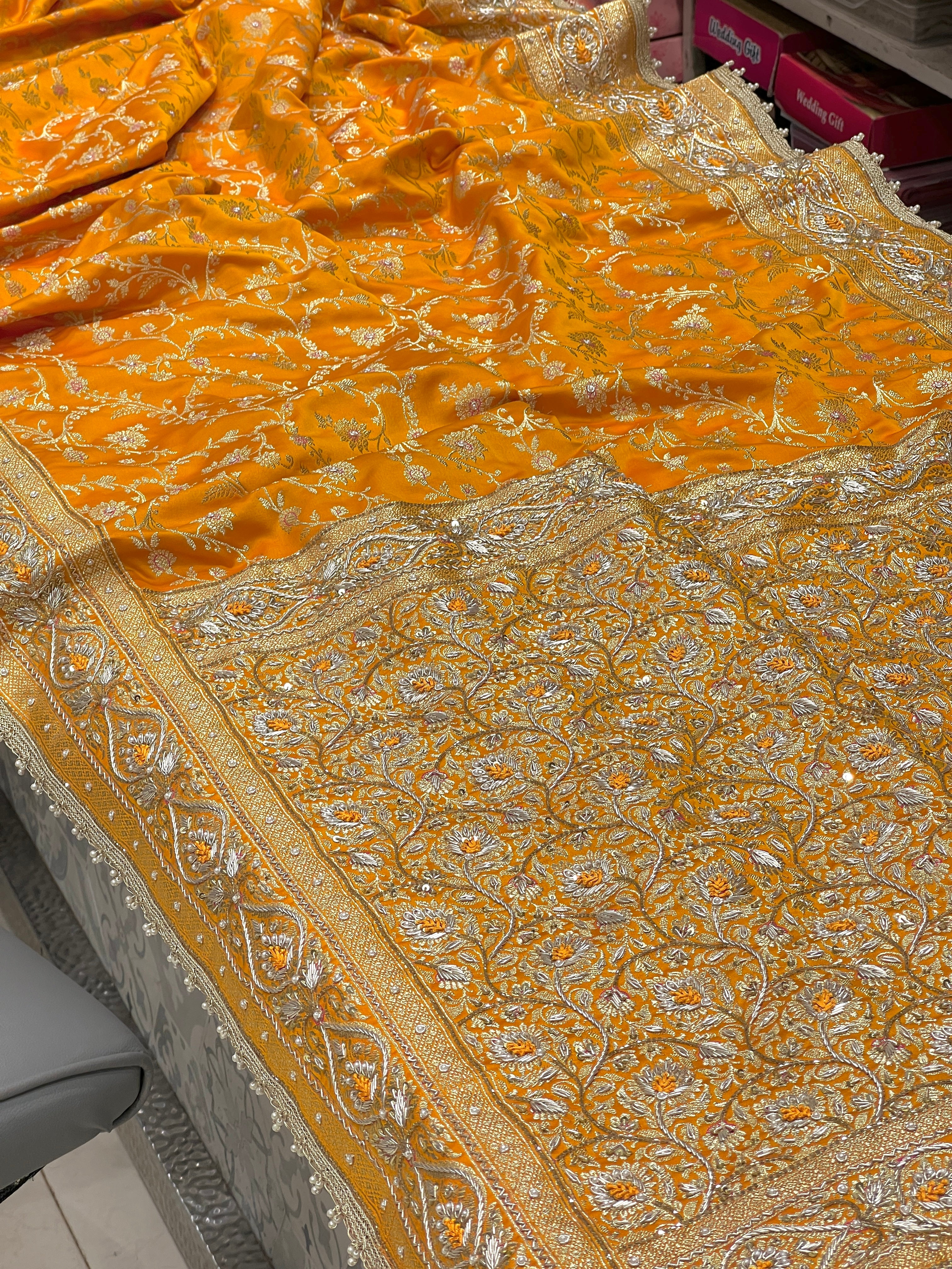 Mango Yellow Banarasi Zardozi Hand Embroidery Saree