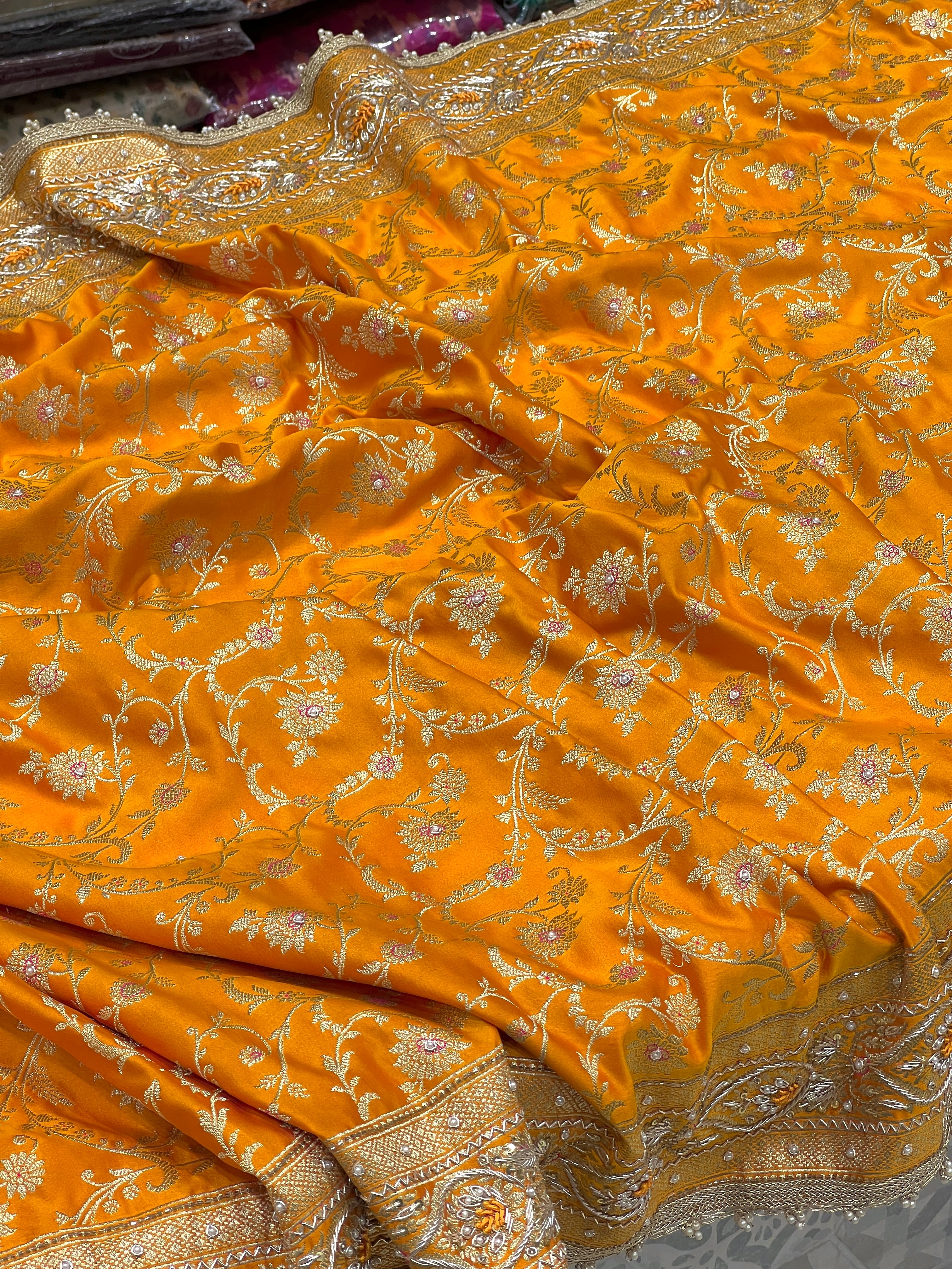 Mango Yellow Banarasi Zardozi Hand Embroidery Saree