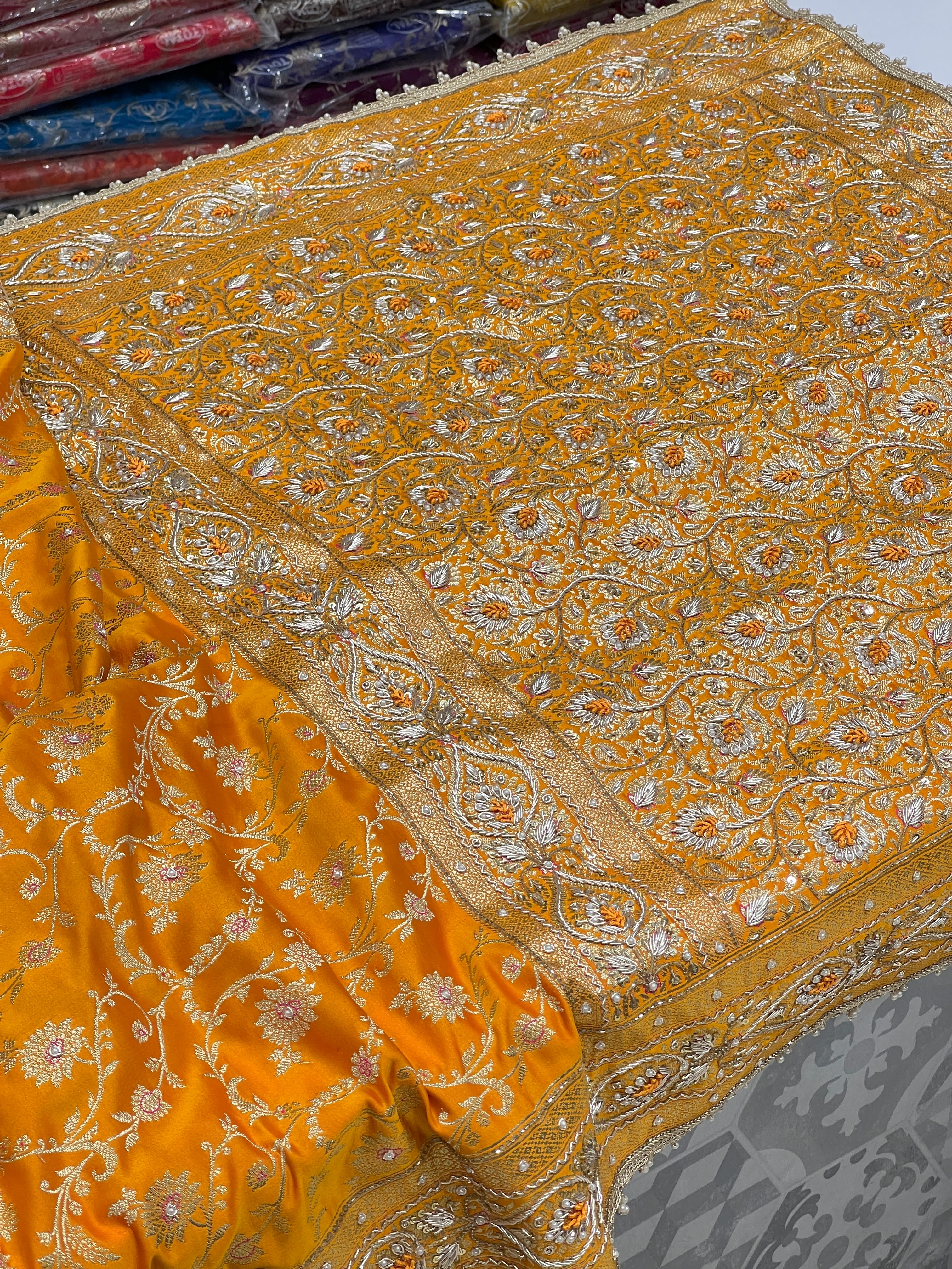 Mango Yellow Banarasi Zardozi Hand Embroidery Saree