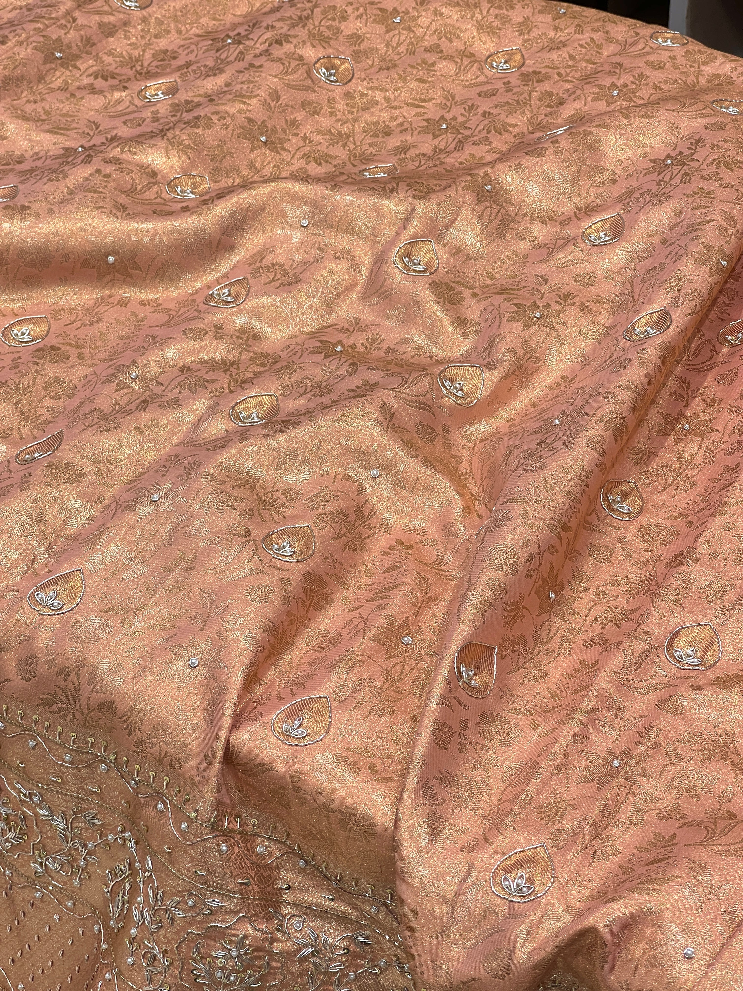 Peach Kanjivaram Style Silk Hand Embroidery Saree