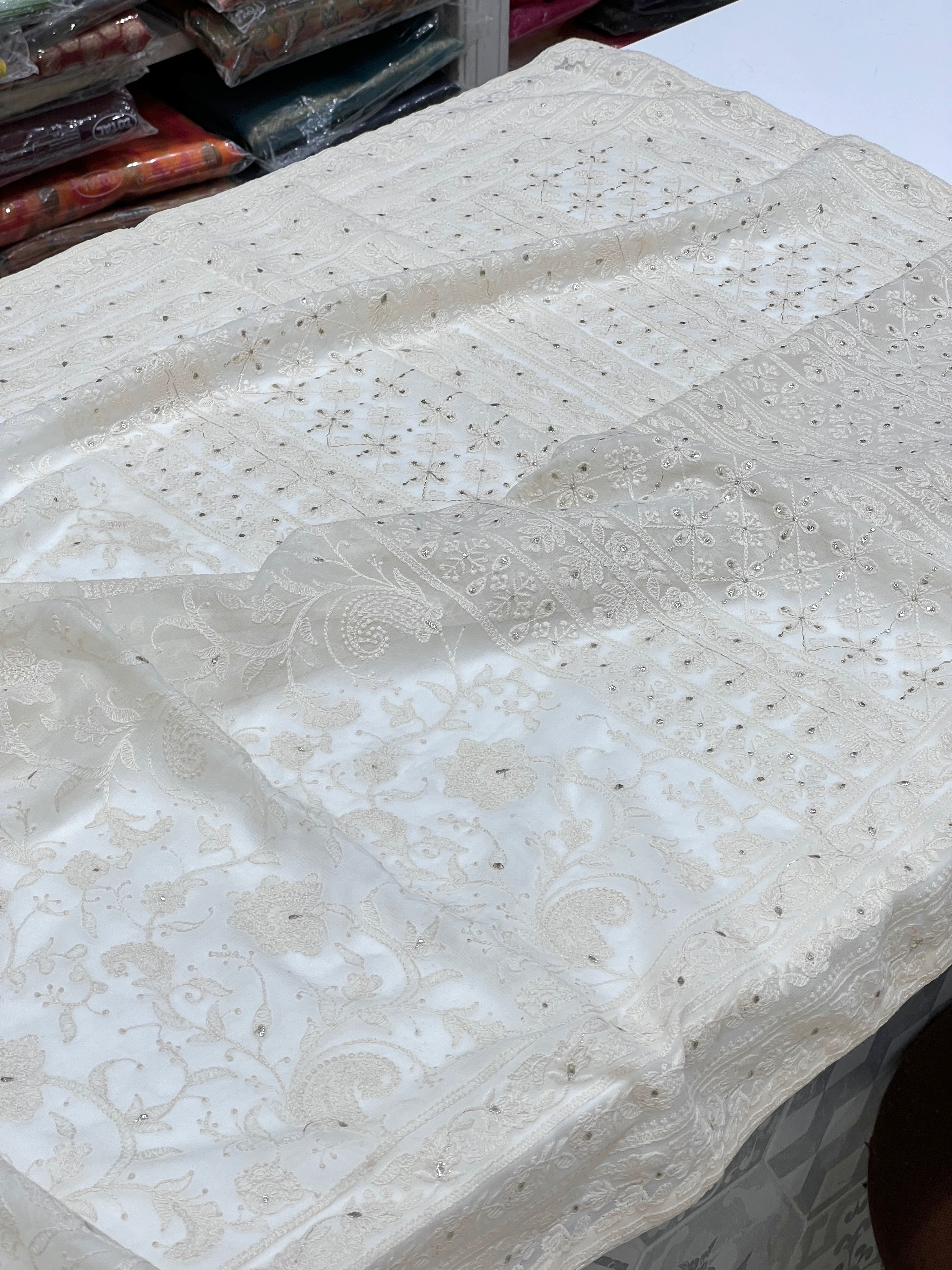 White Chikankari Jaal Badla Work Saree