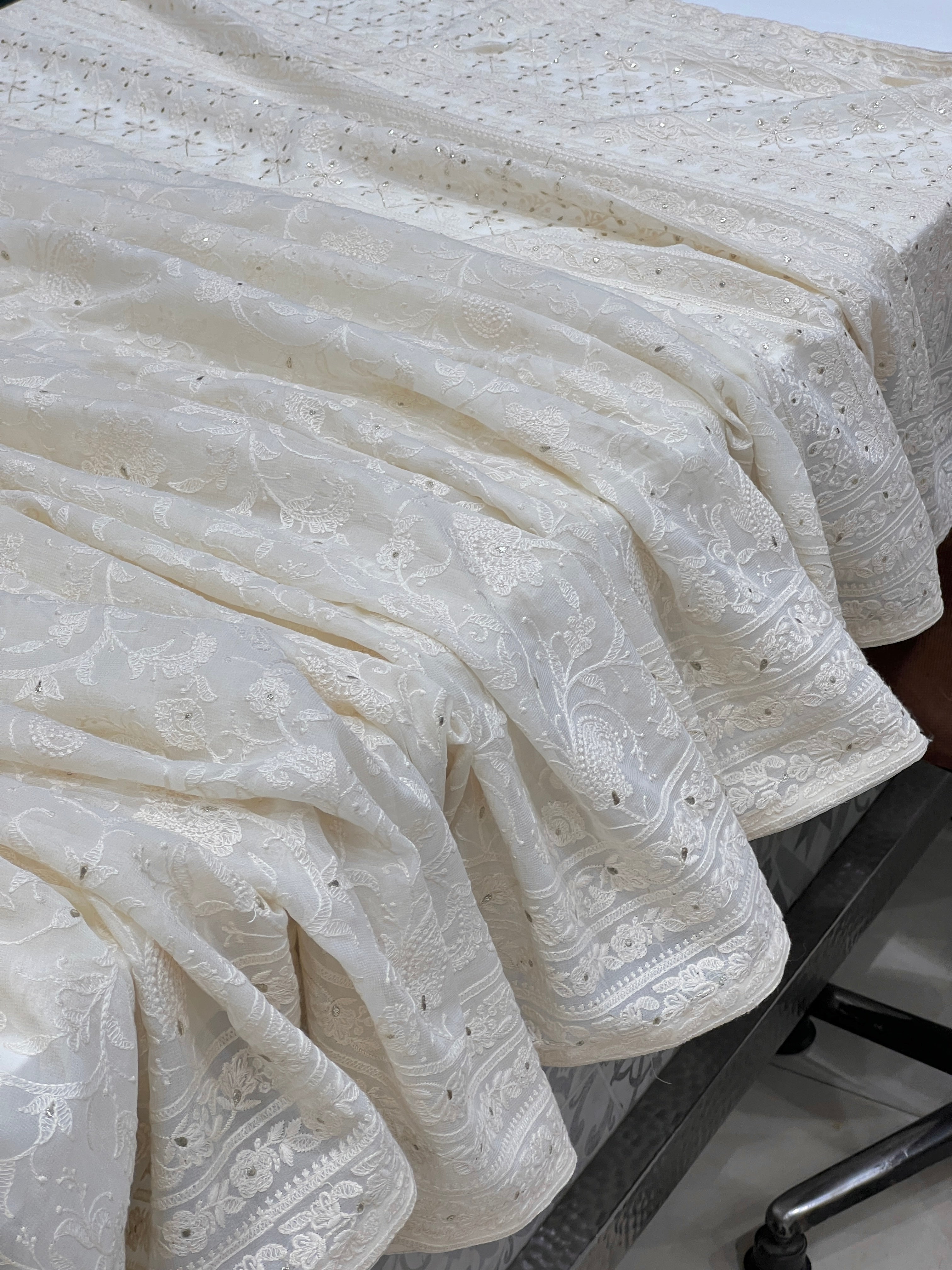 White Chikankari Jaal Badla Work Saree