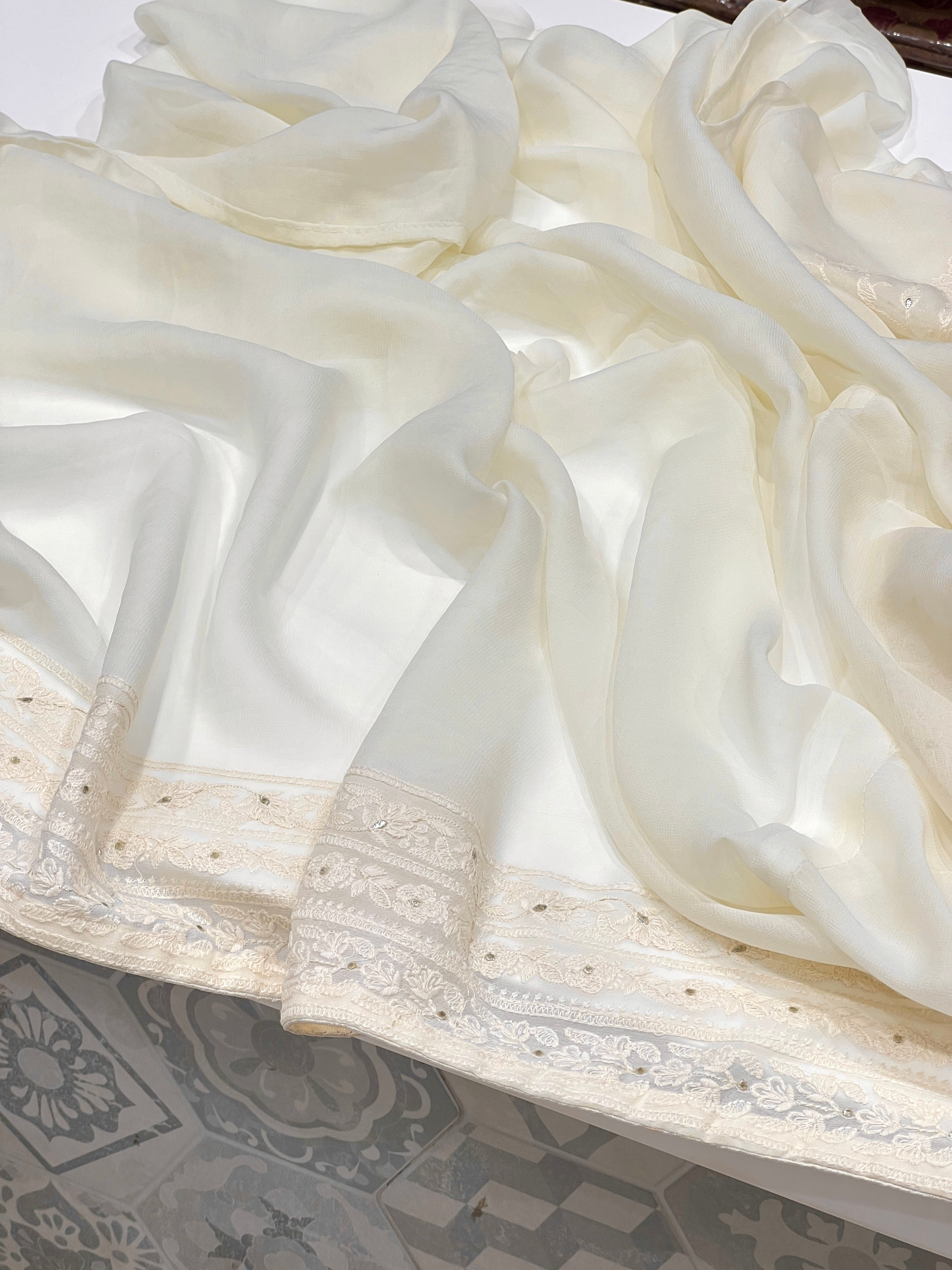 White Chikankari Jaal Badla Work Saree