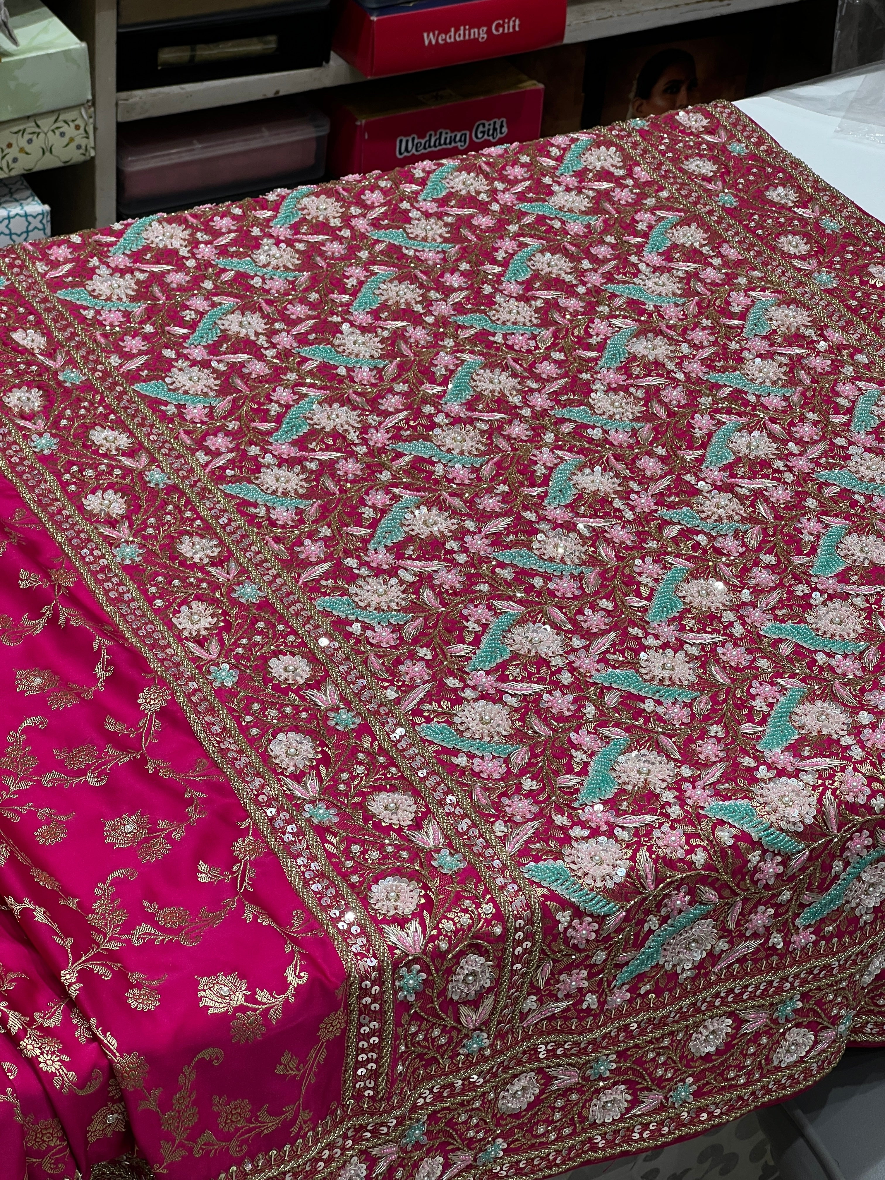 Rani Banarasi Upside Down Border Fancy Hand Embroidery Saree