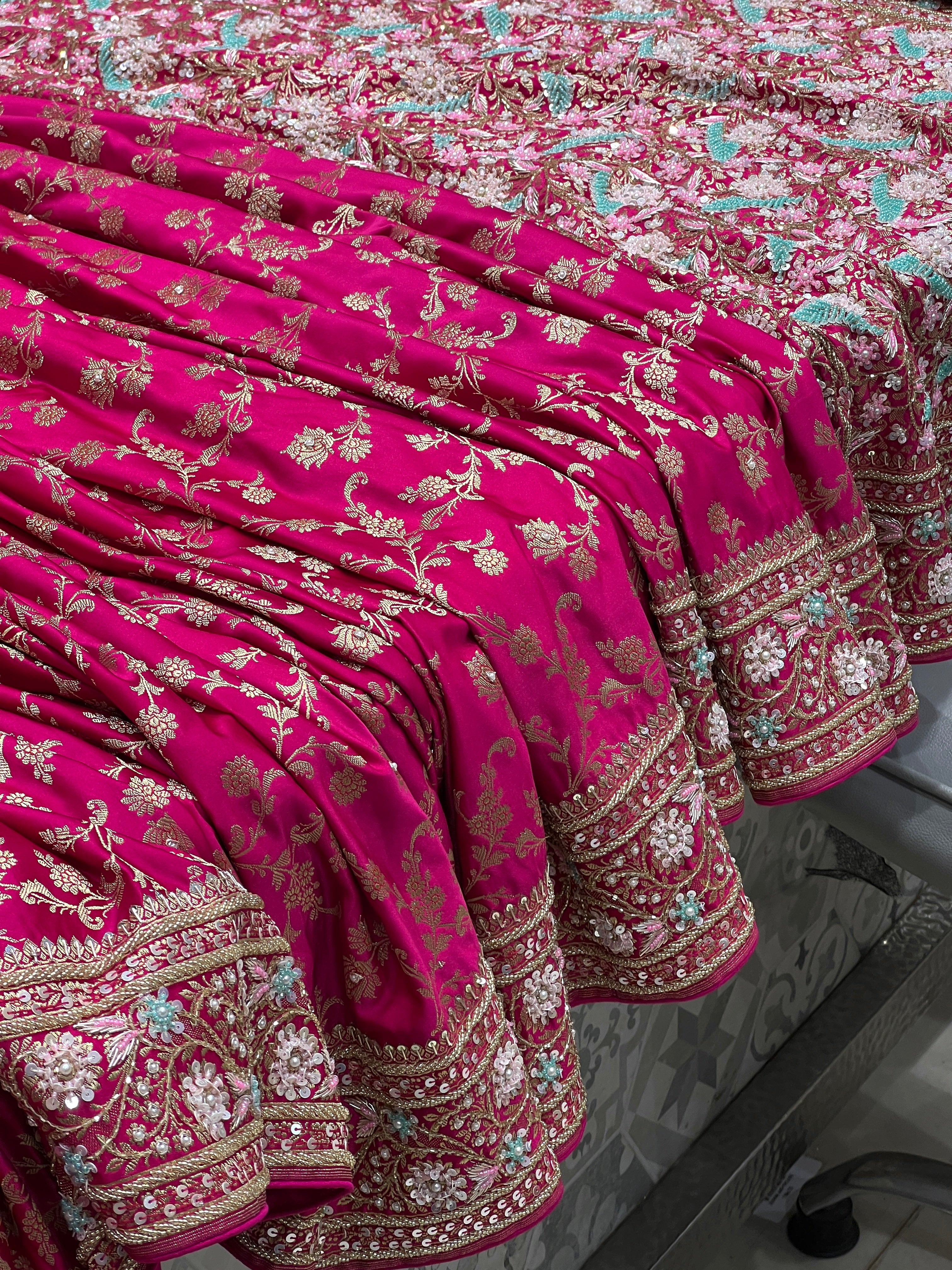 Rani Banarasi Upside Down Border Fancy Hand Embroidery Saree
