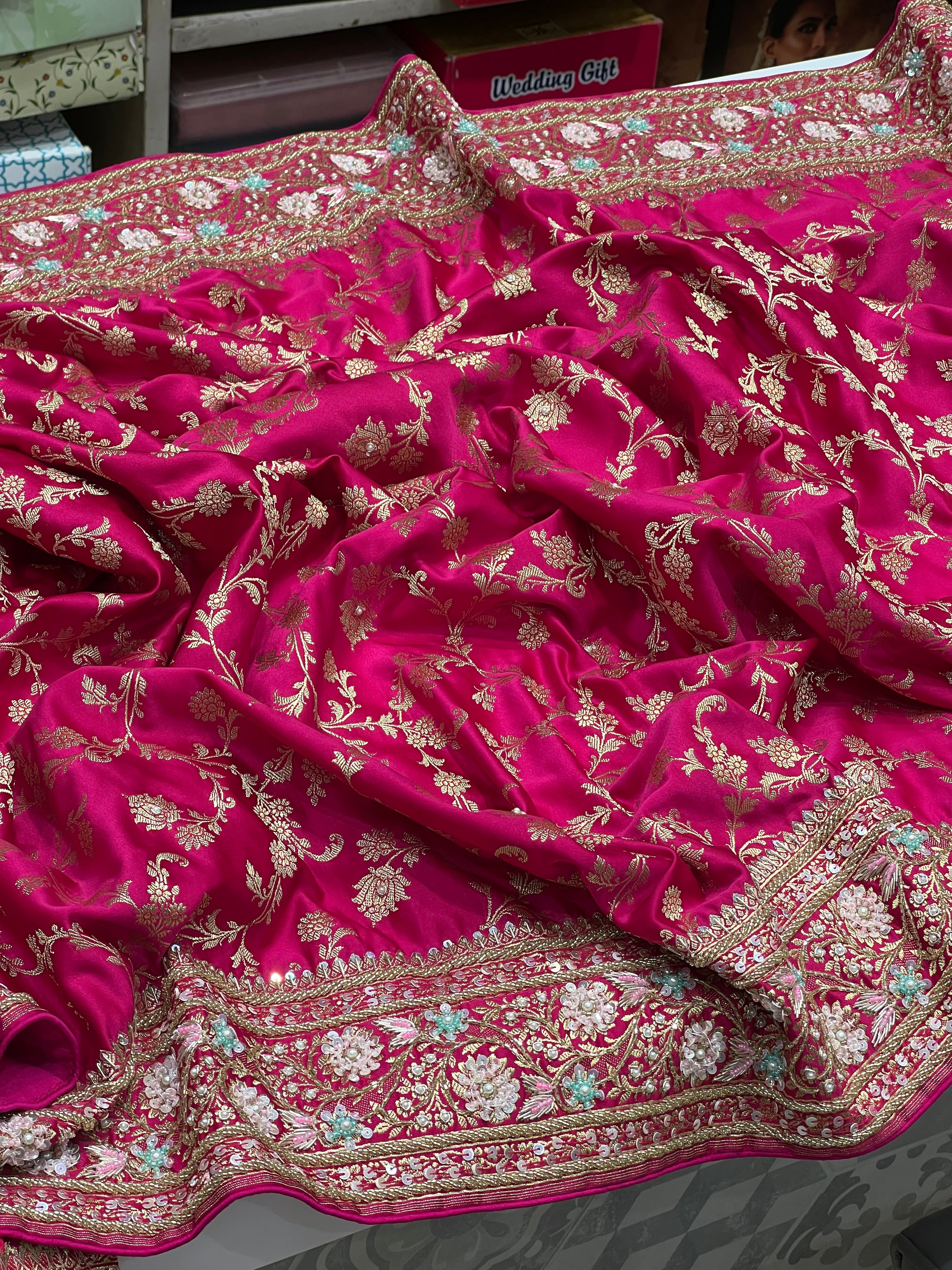 Rani Banarasi Upside Down Border Fancy Hand Embroidery Saree