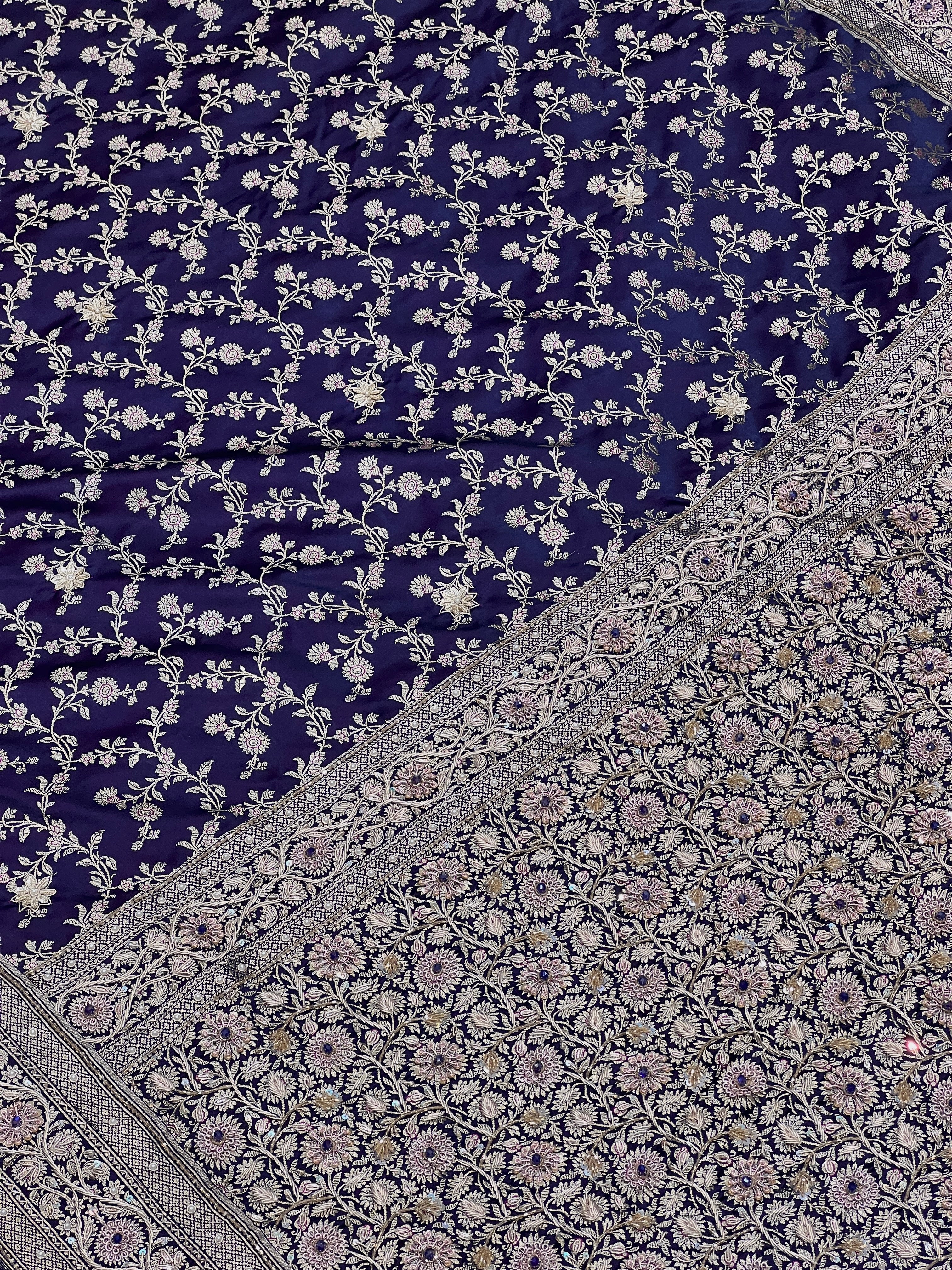 Purple Blue Flower Border Colour Stone Hand Embroidery Saree