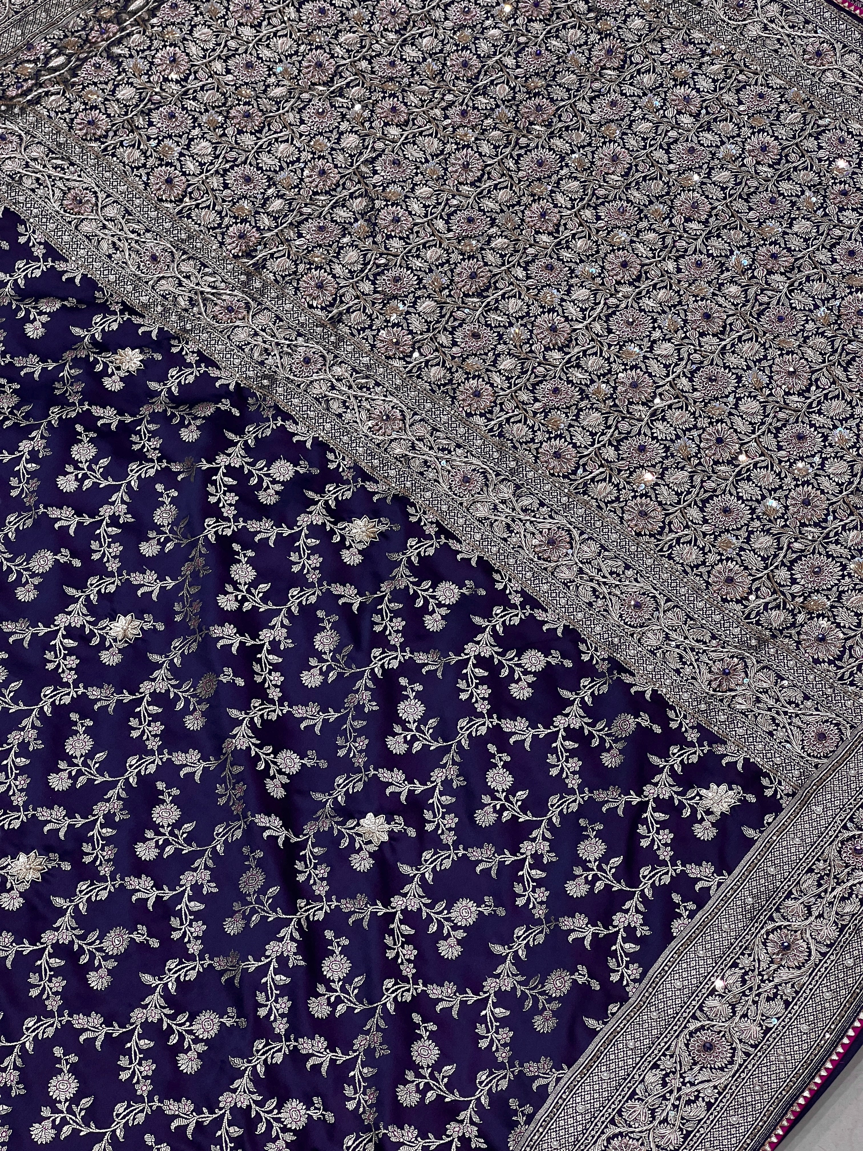 Purple Blue Flower Border Colour Stone Hand Embroidery Saree