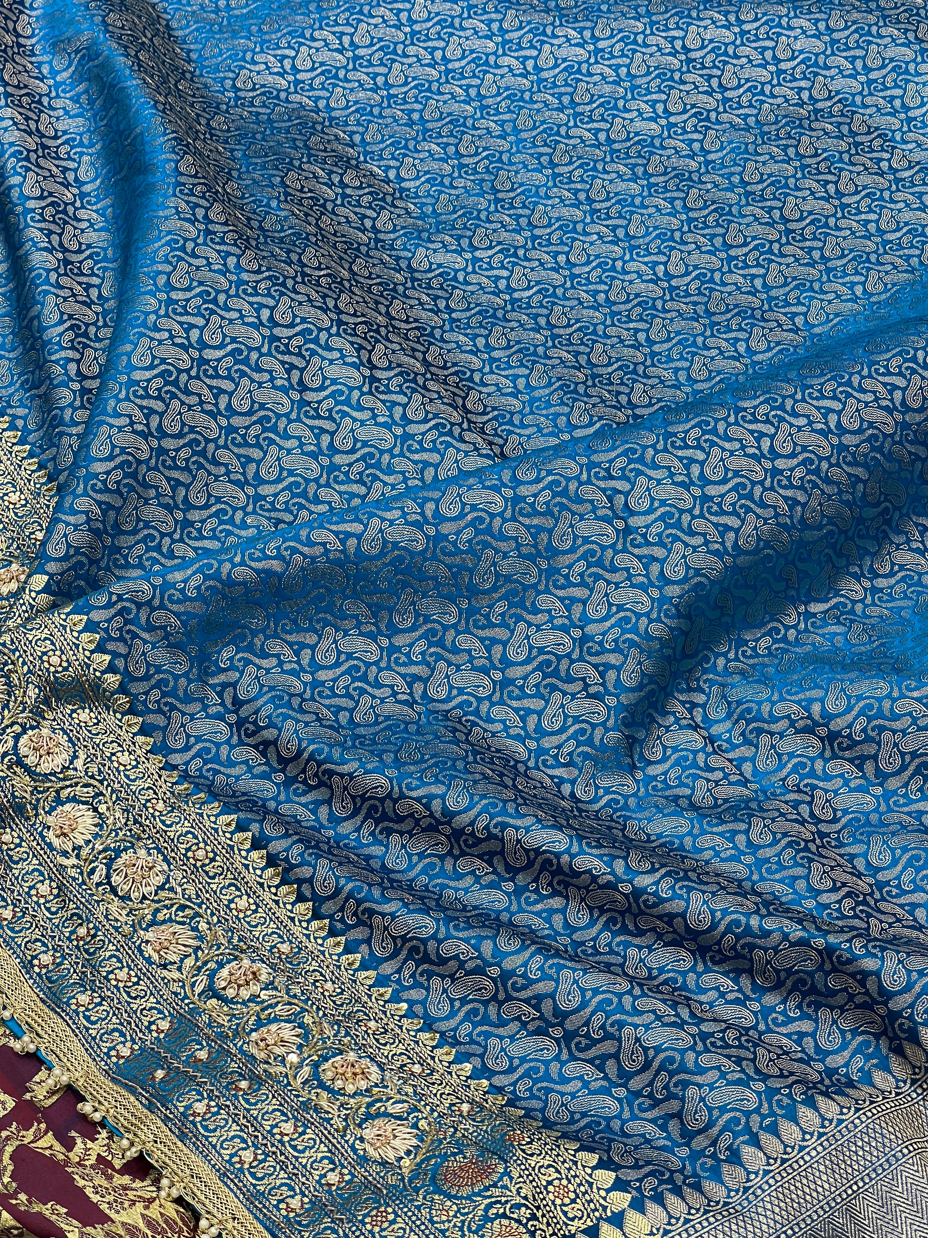 Blue Banarasi Rose Jaal Hand Embroidery Saree
