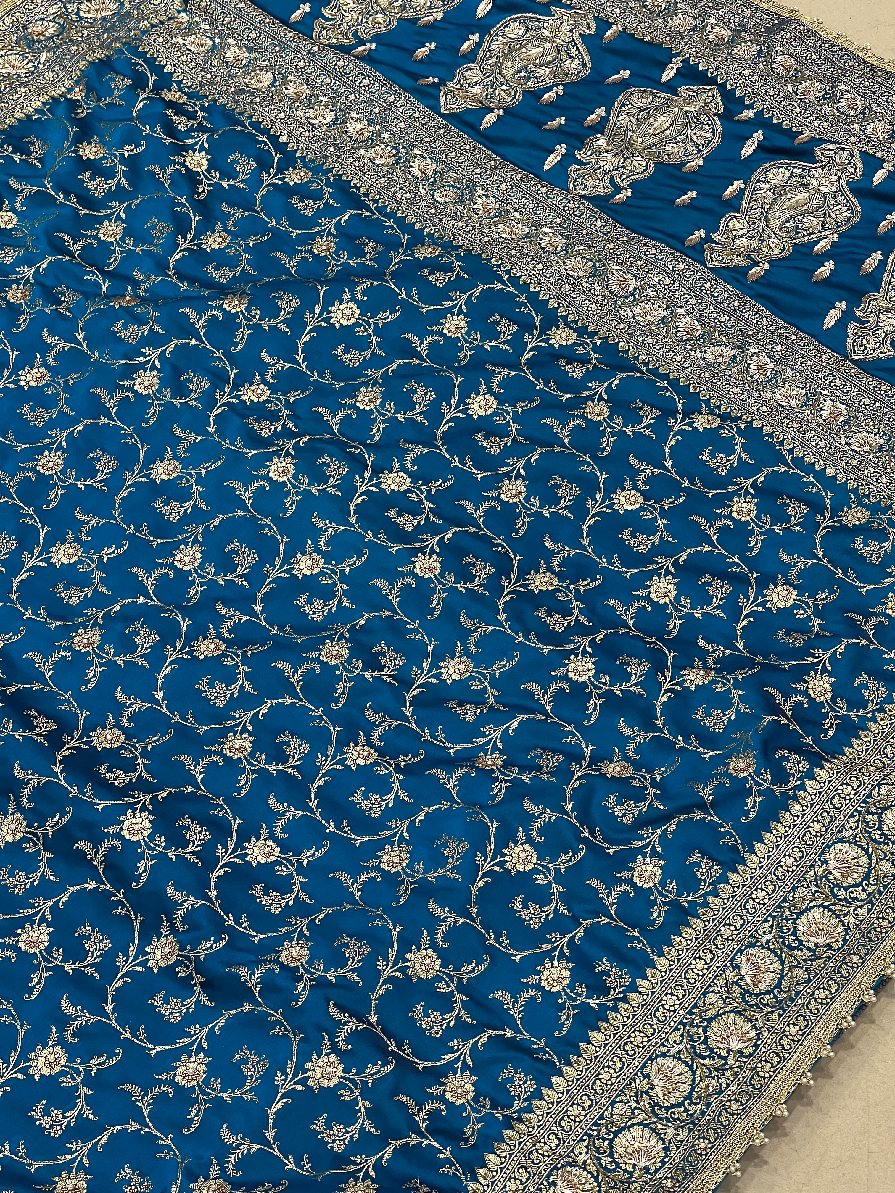 Blue Banarasi Rose Jaal Hand Embroidery Saree