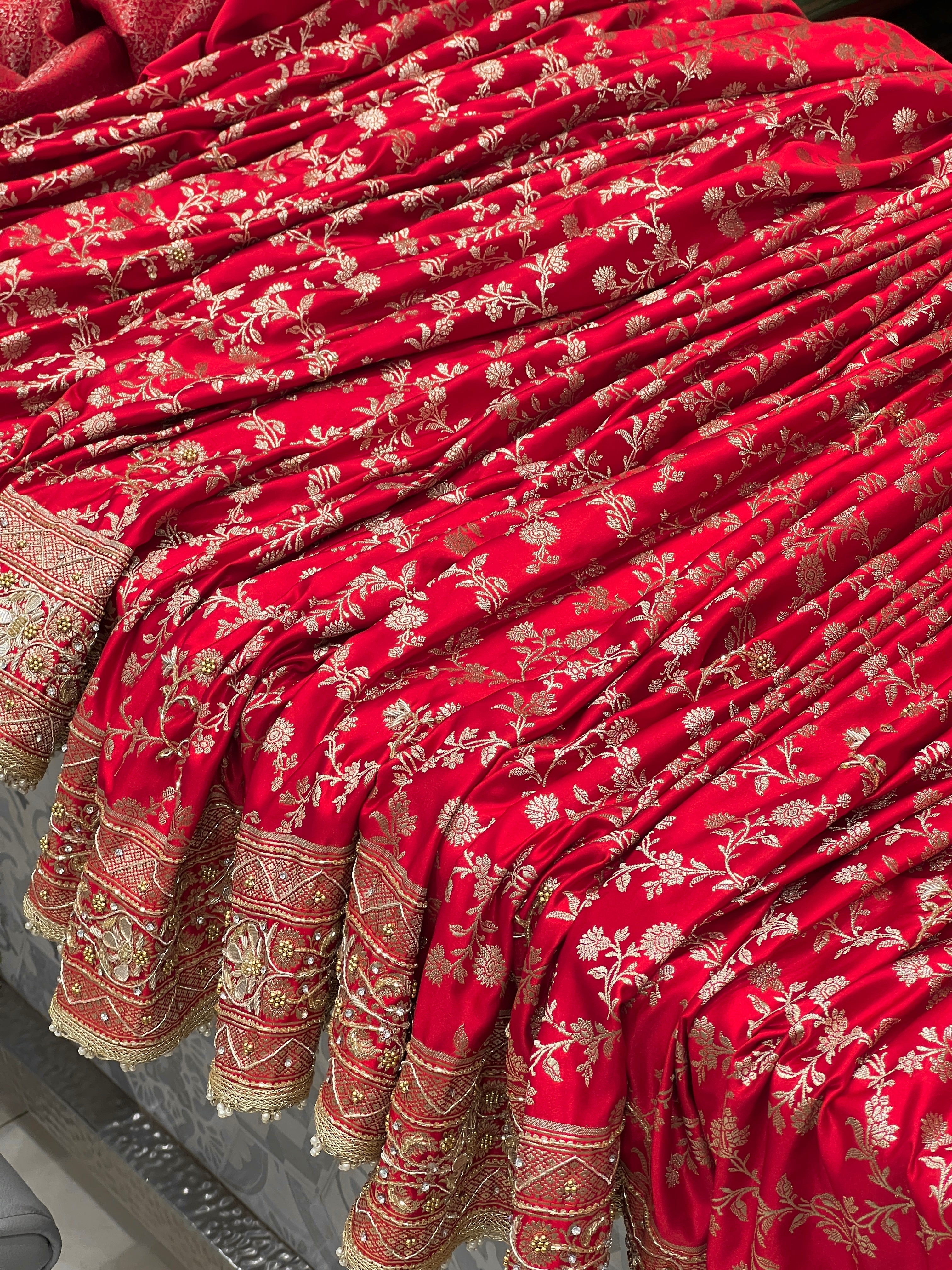 Red Banarasi Silk Moti Gota Hand Embroidery Saree