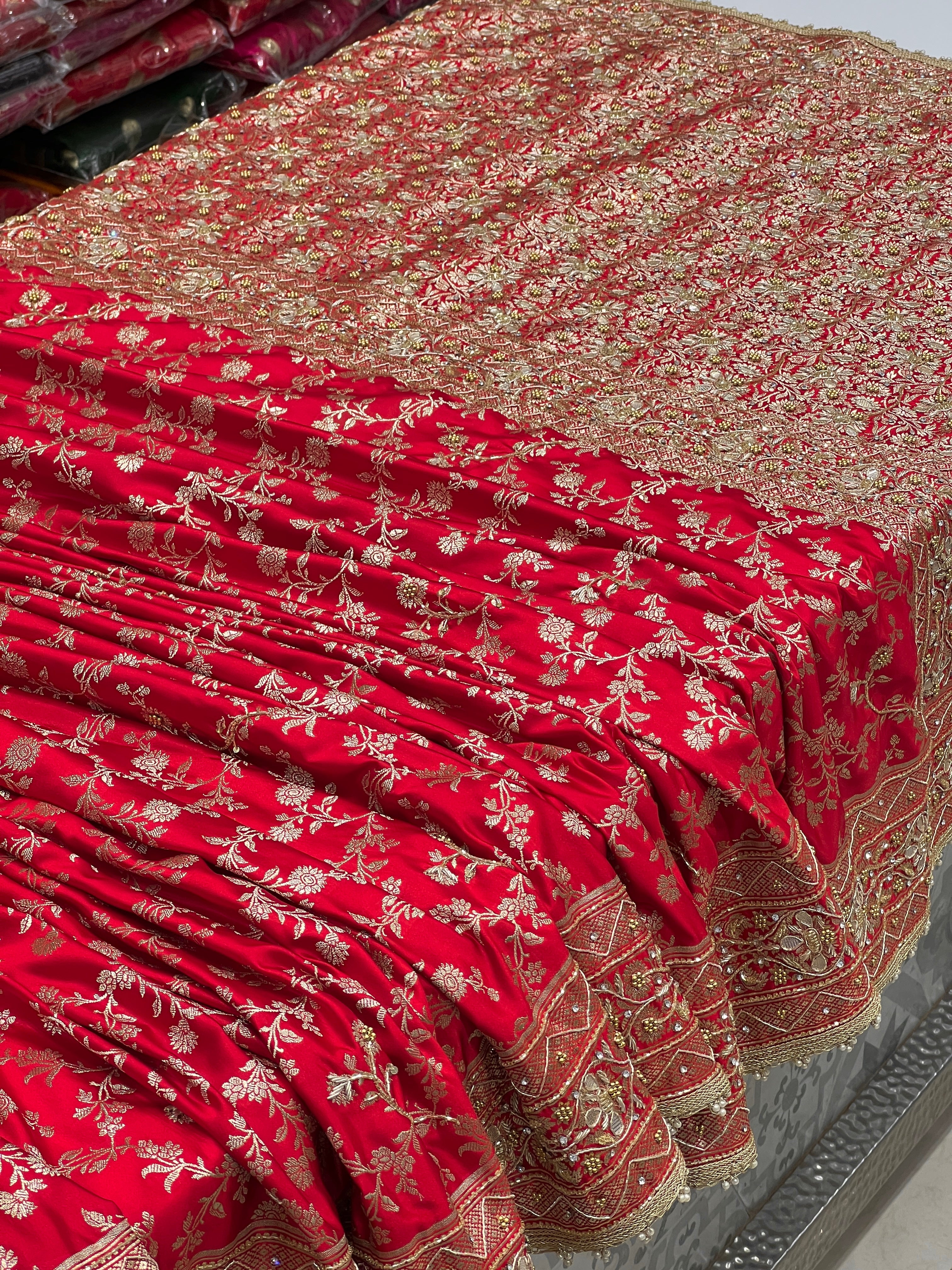 Red Banarasi Silk Moti Gota Hand Embroidery Saree