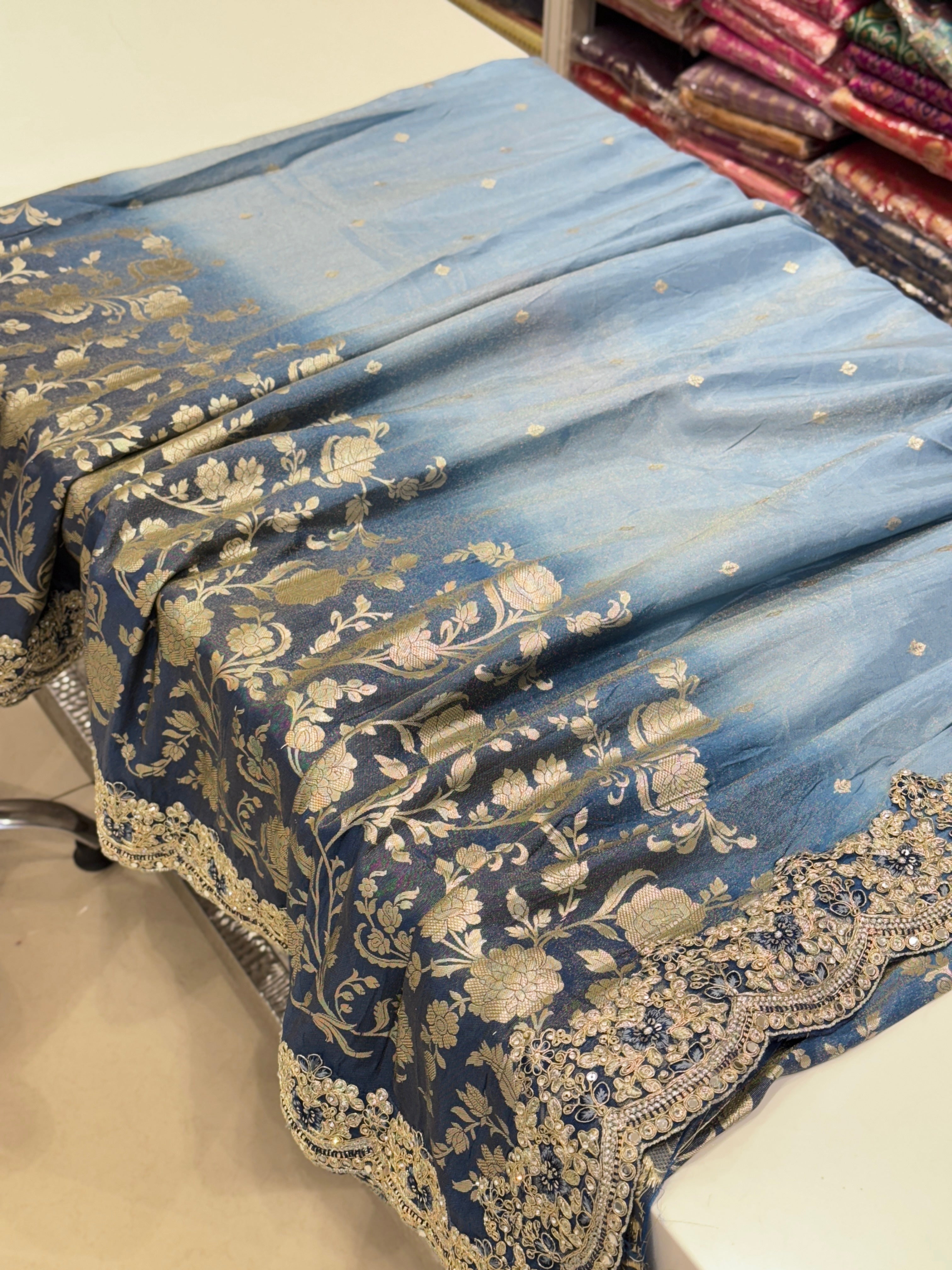 Shaded Blue Tissue Crepe Embroidery Saree