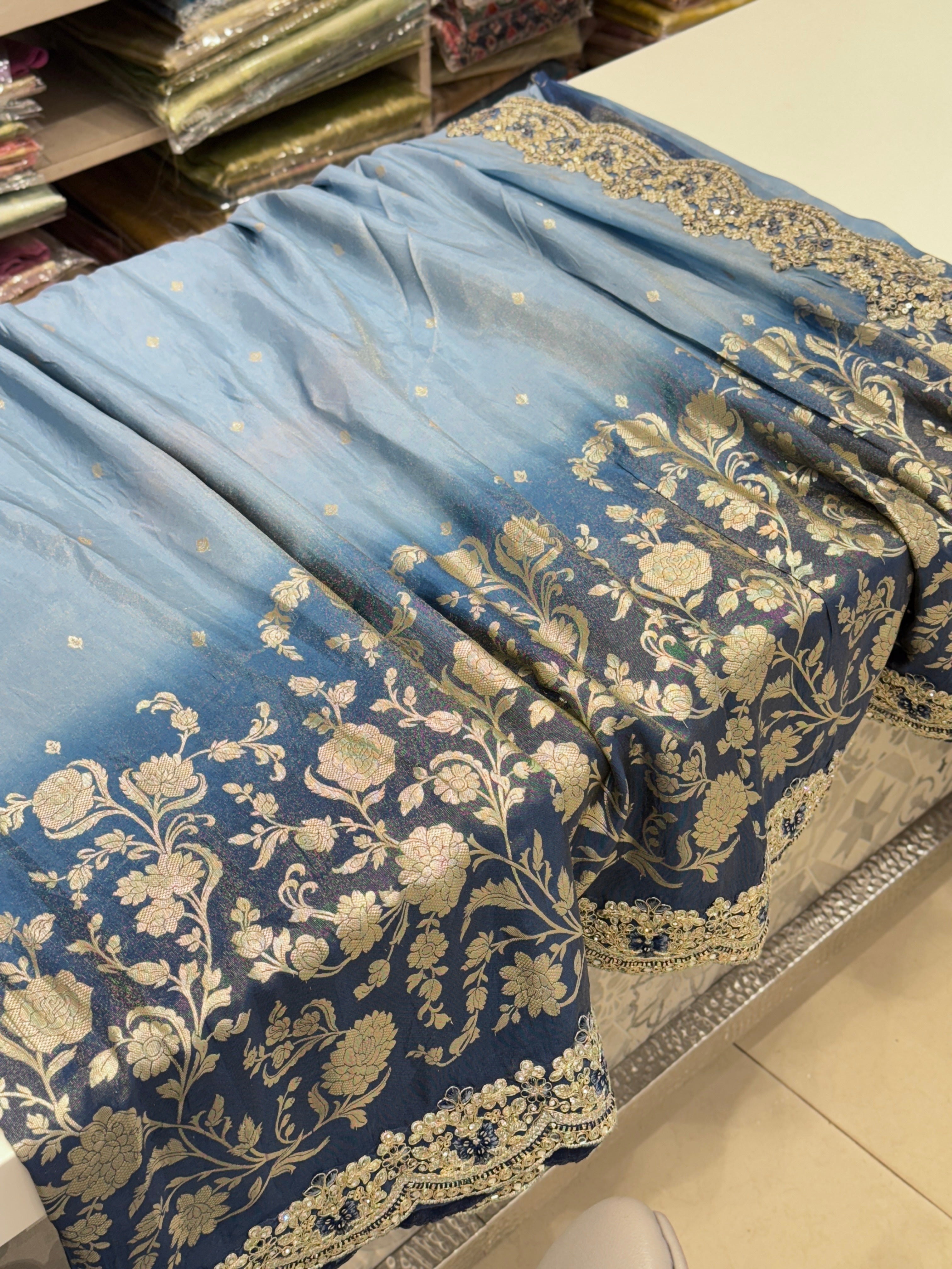 Shaded Blue Tissue Crepe Embroidery Saree
