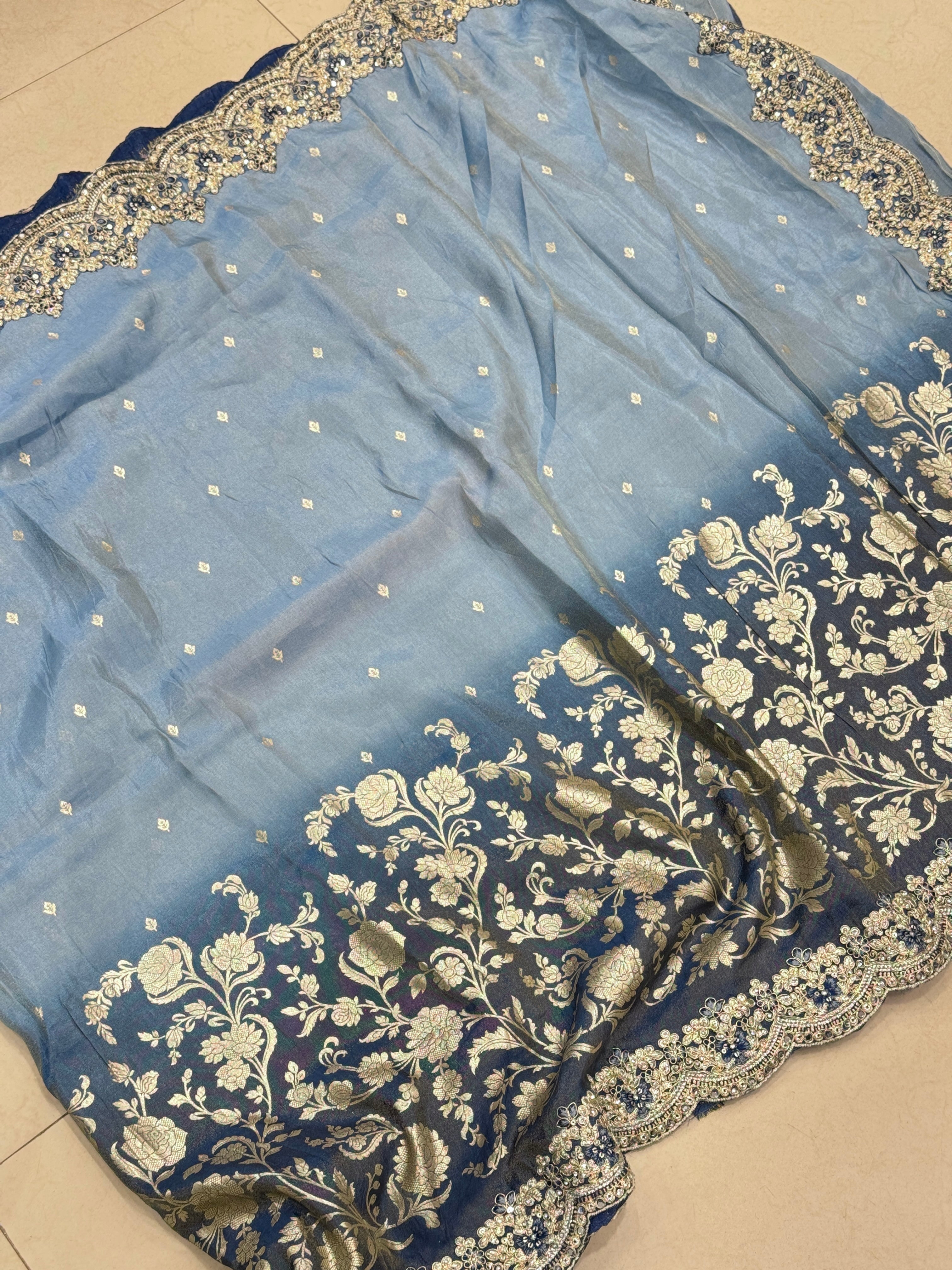 Shaded Blue Tissue Crepe Embroidery Saree