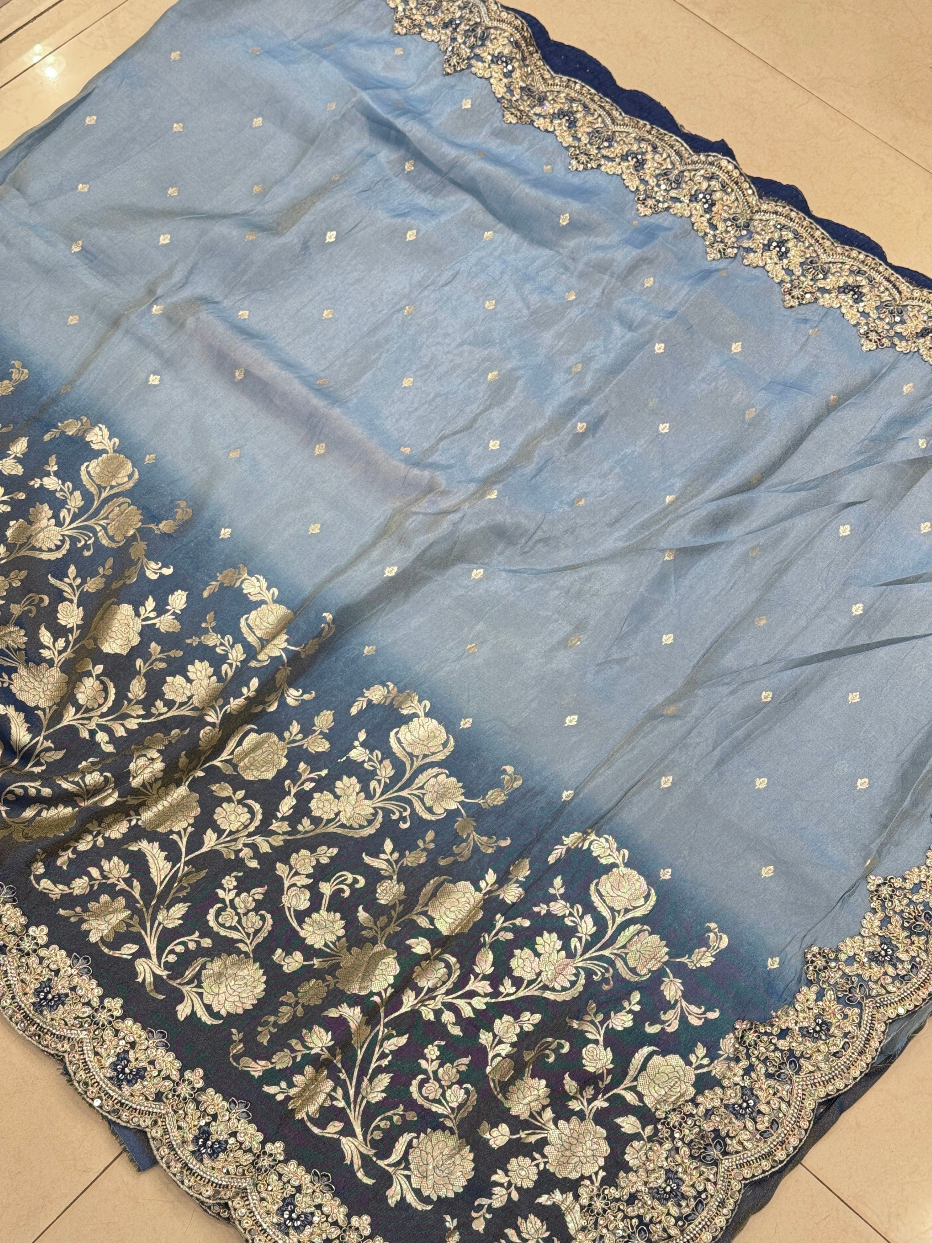 Shaded Blue Tissue Crepe Embroidery Saree