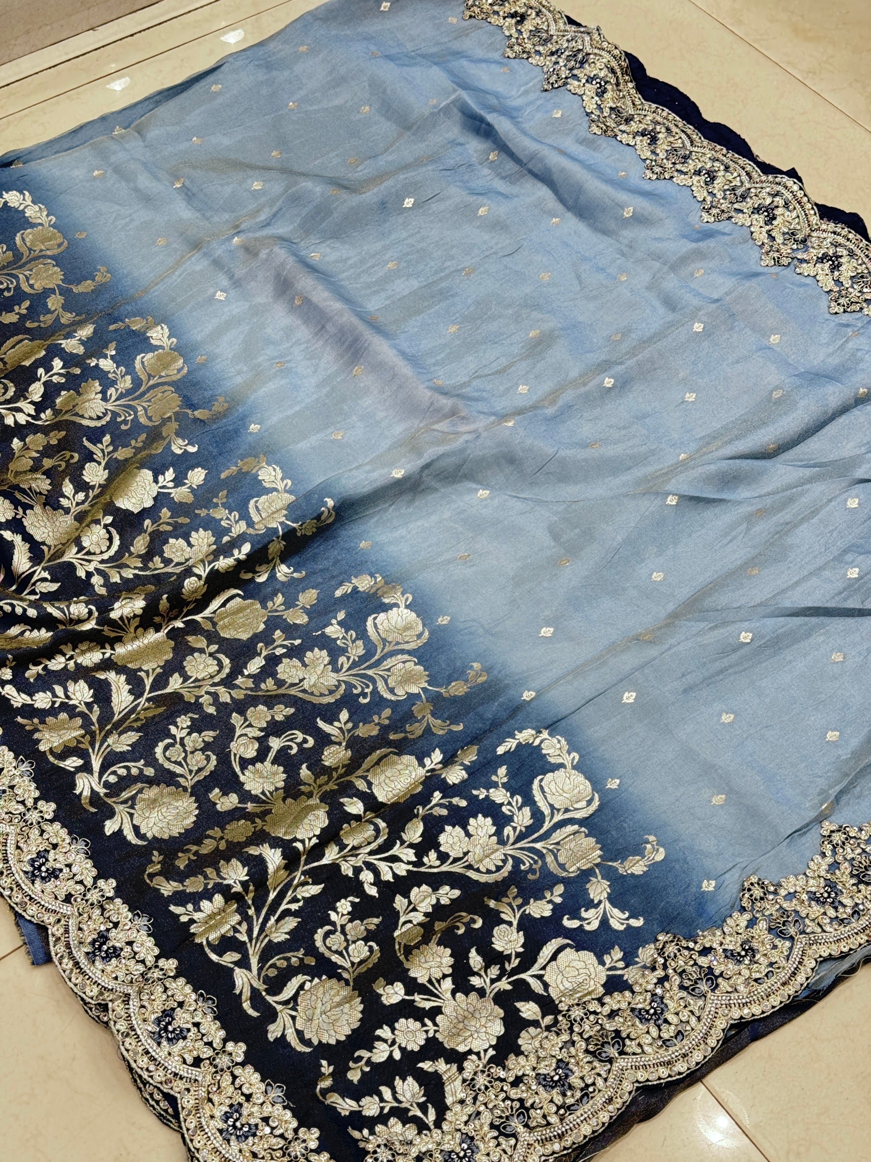 Shaded Blue Tissue Crepe Embroidery Saree