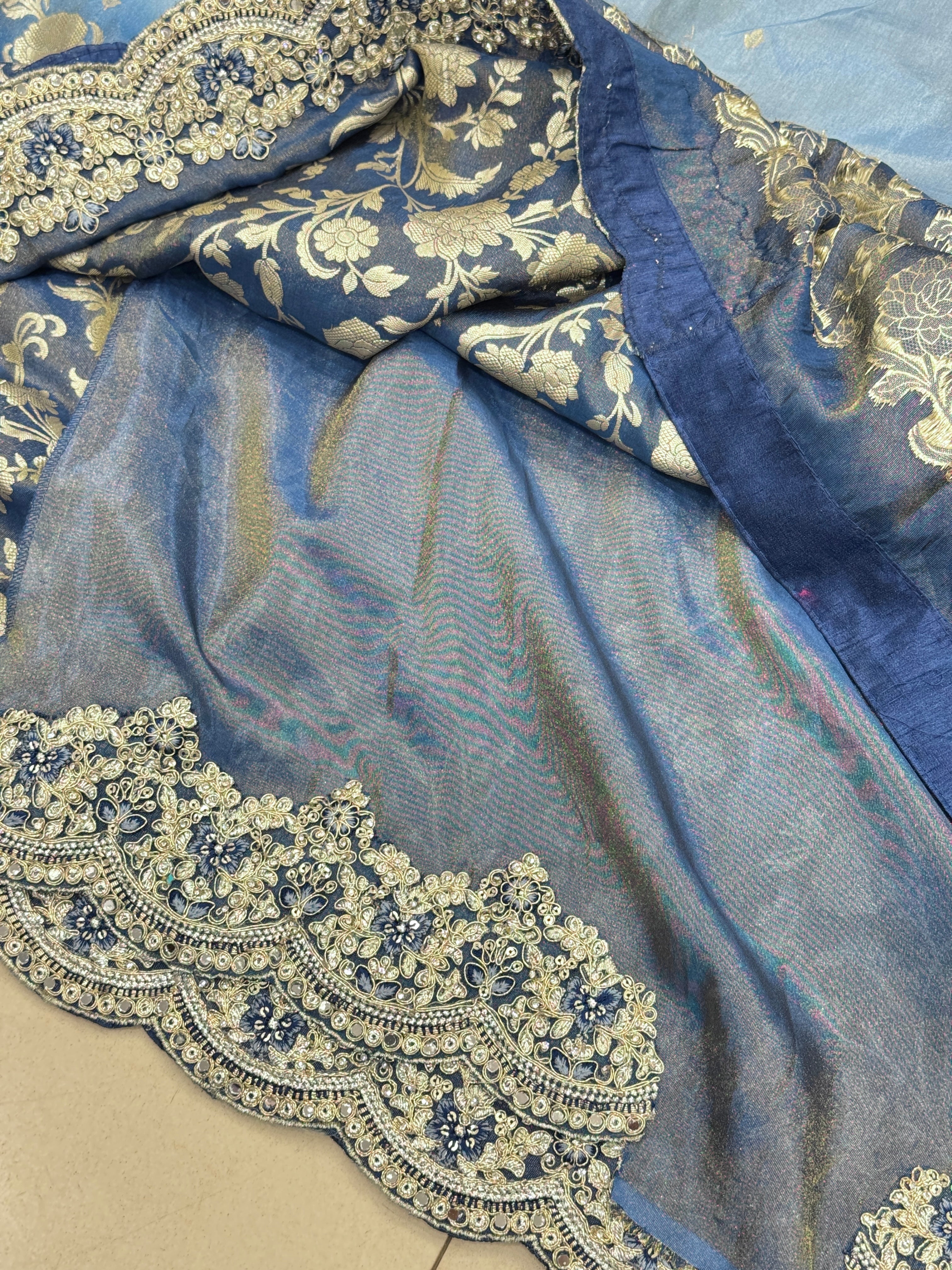 Shaded Blue Tissue Crepe Embroidery Saree