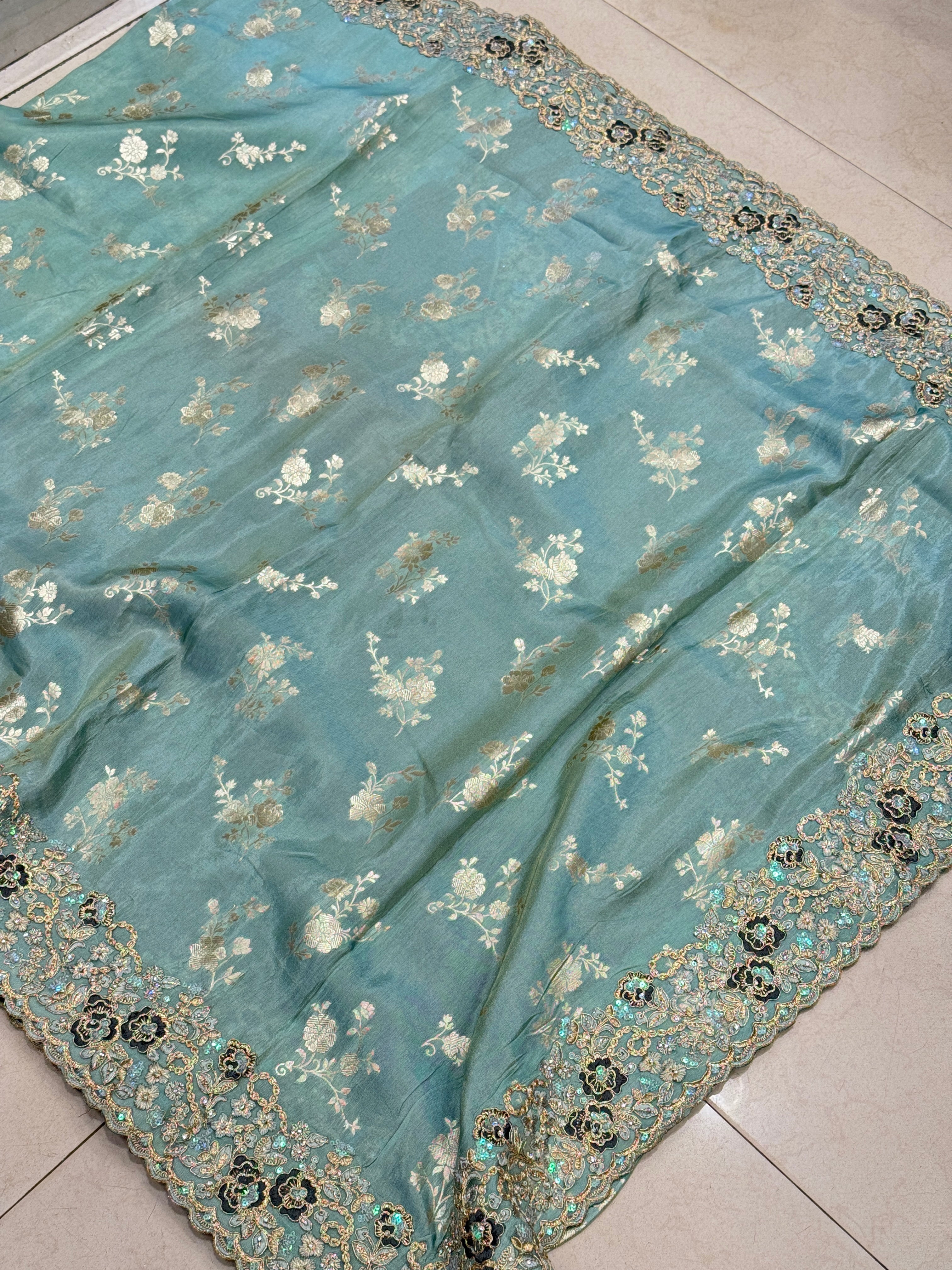 Sea Green Tissue Crepe Embroidery Saree