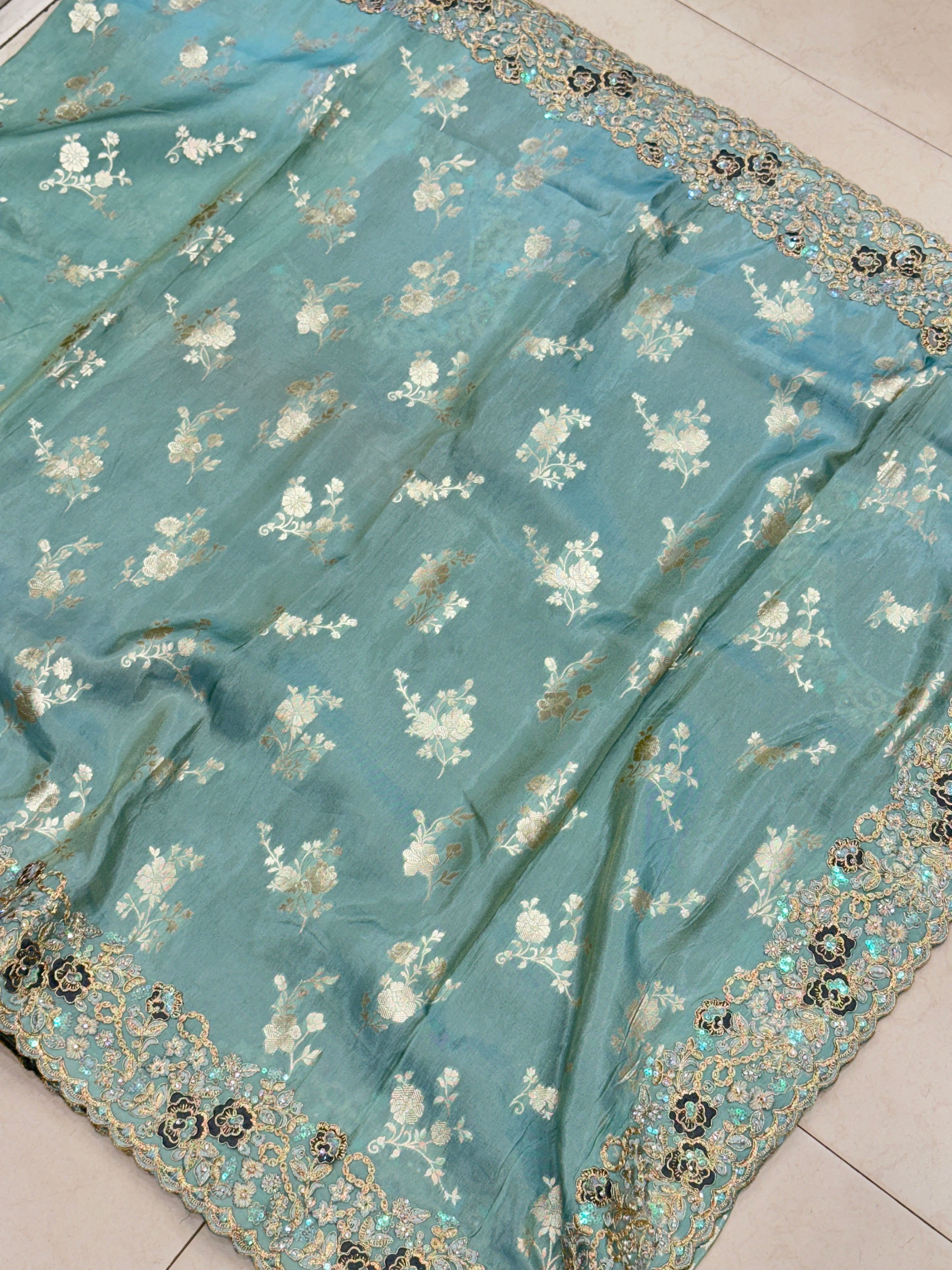 Sea Green Tissue Crepe Embroidery Saree