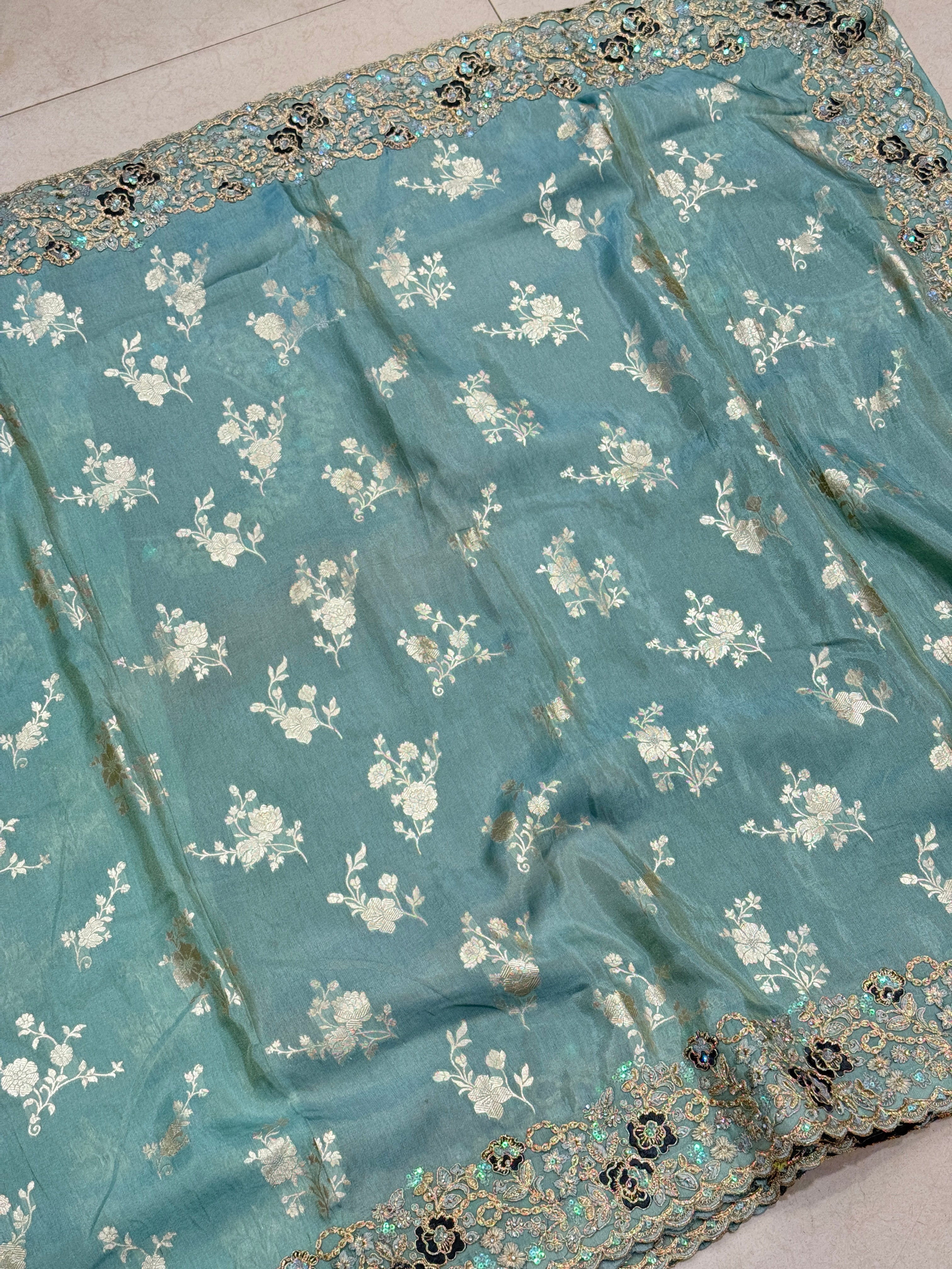 Sea Green Tissue Crepe Embroidery Saree