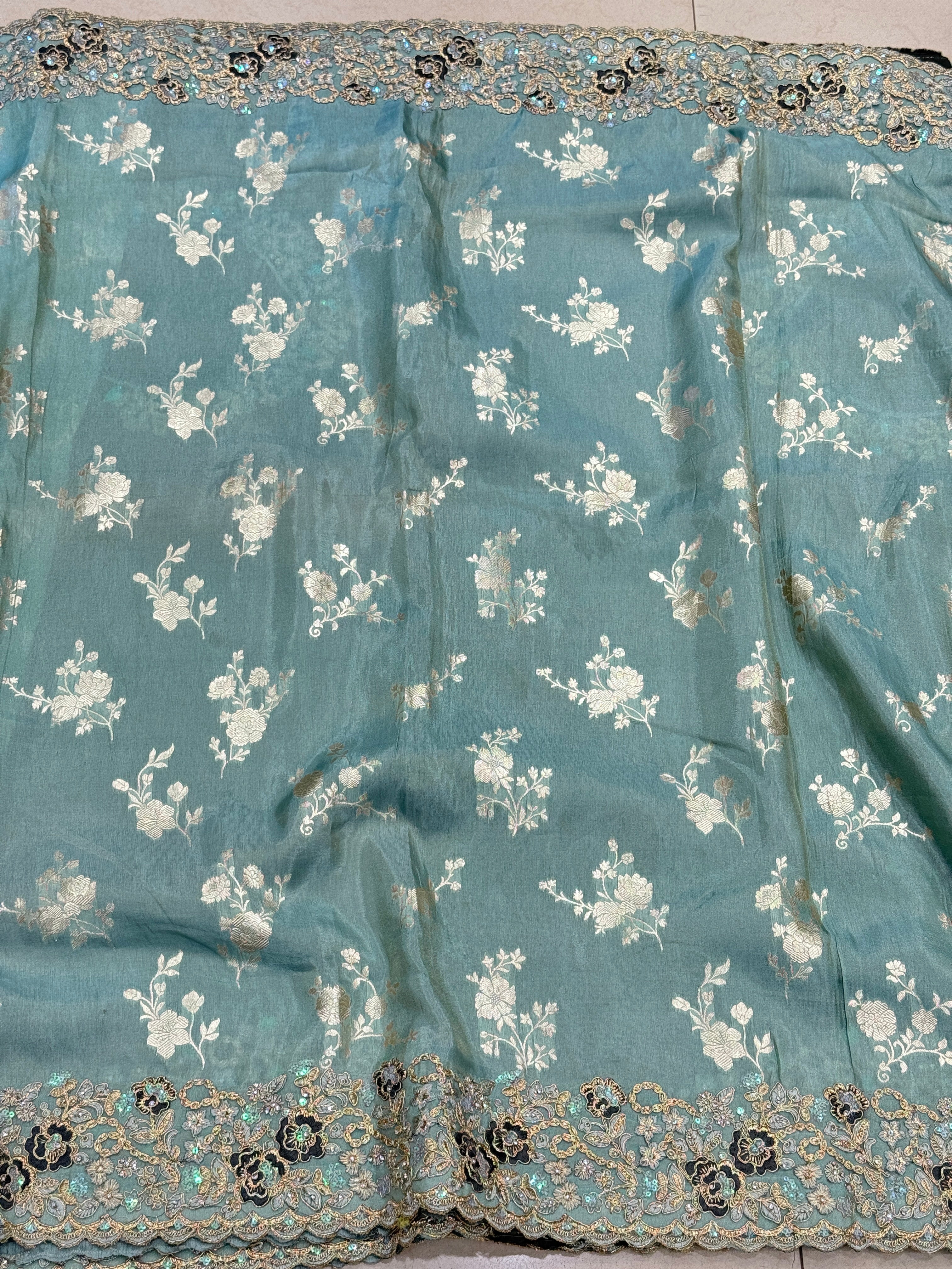 Sea Green Tissue Crepe Embroidery Saree