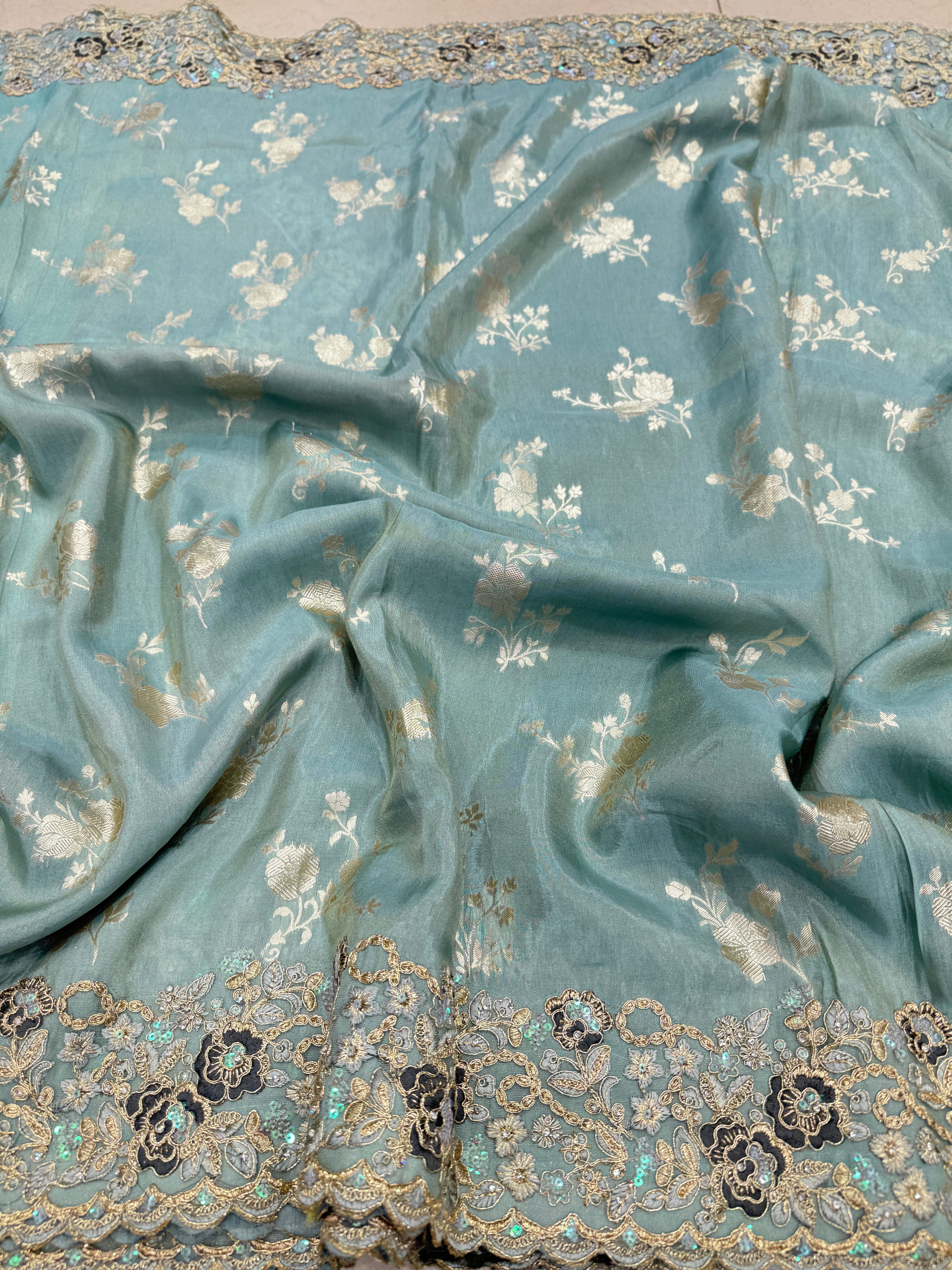 Sea Green Tissue Crepe Embroidery Saree
