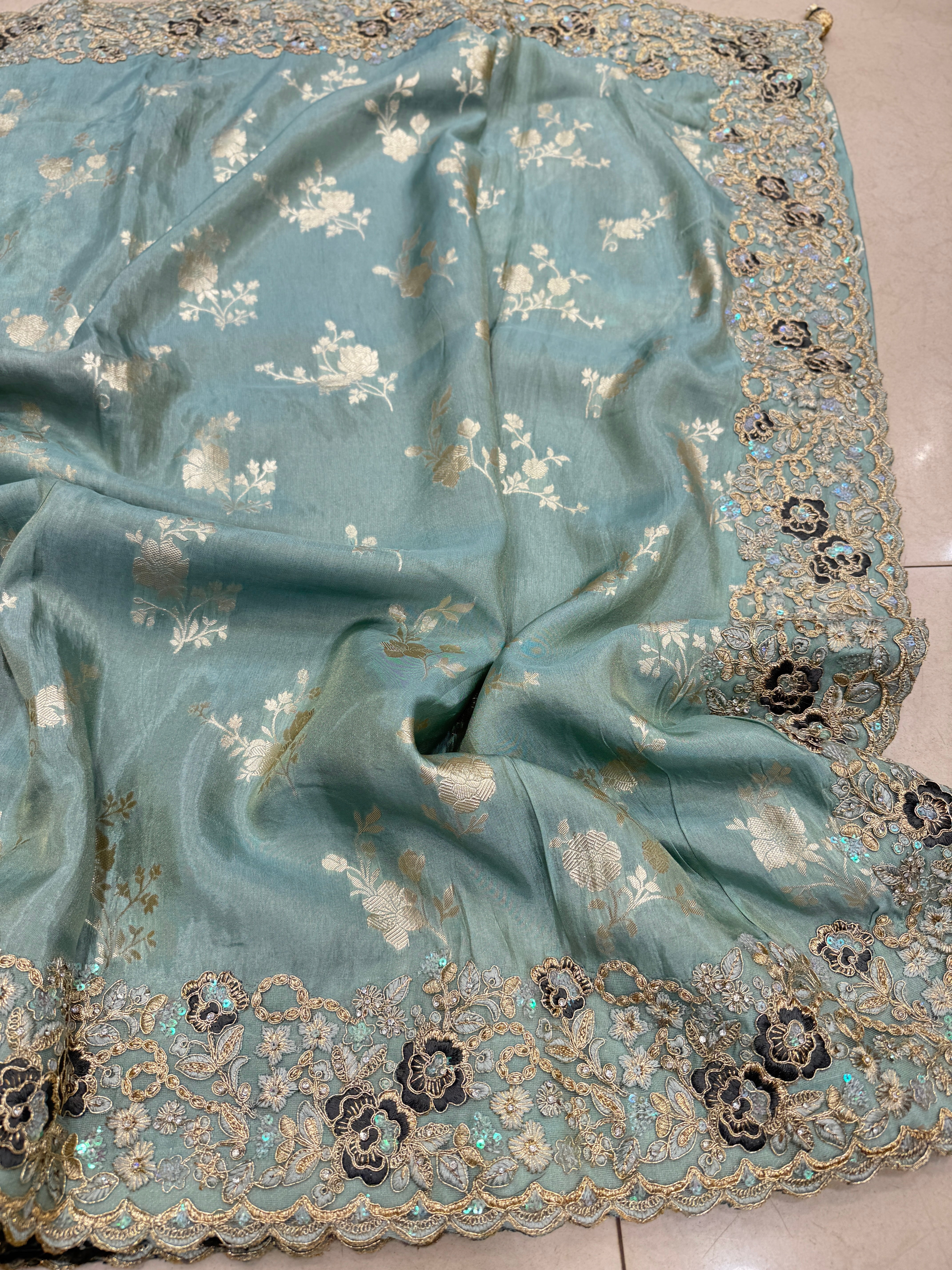 Sea Green Tissue Crepe Embroidery Saree