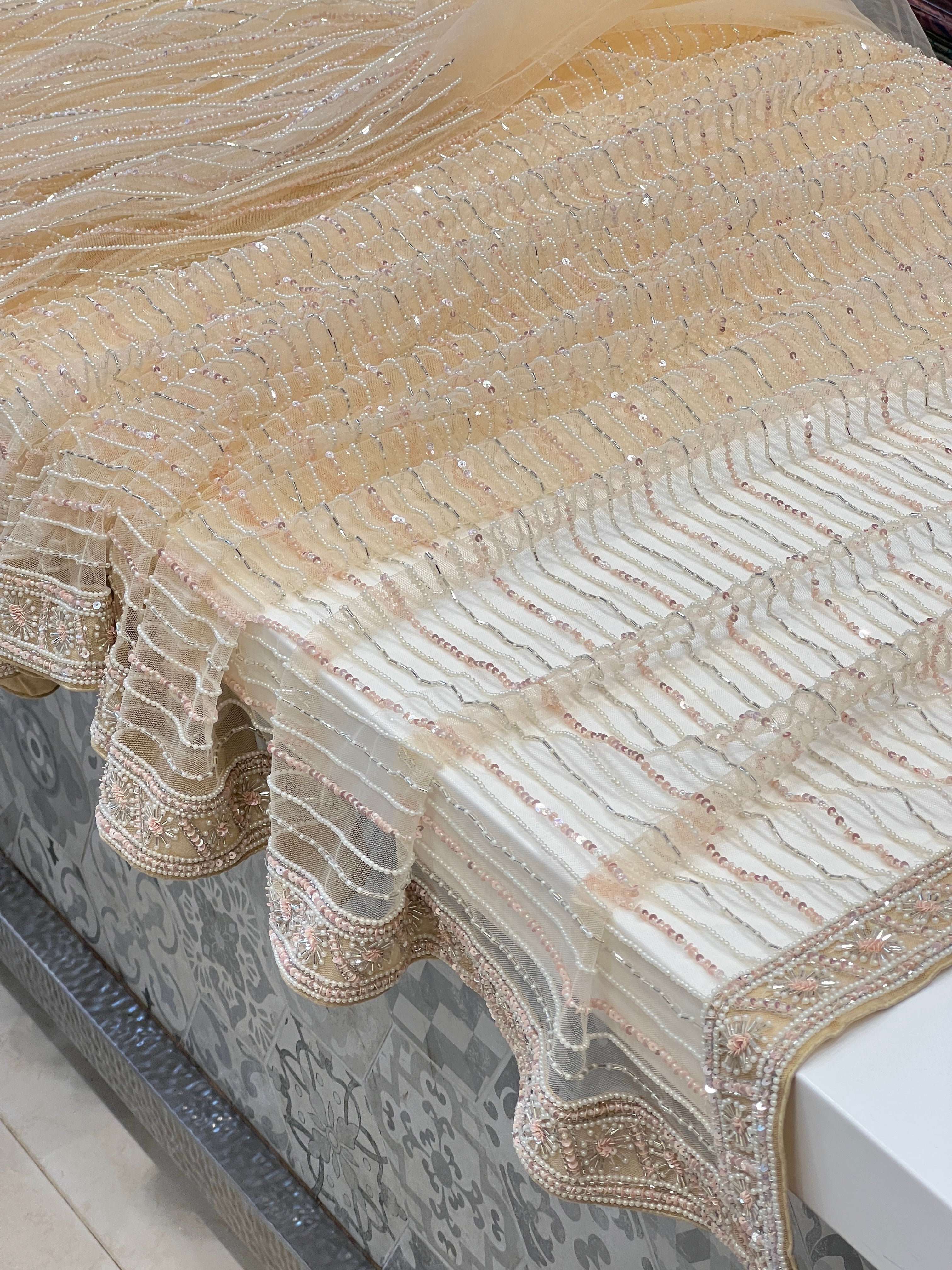 Nude Beige Hand Embroidered Net Saree