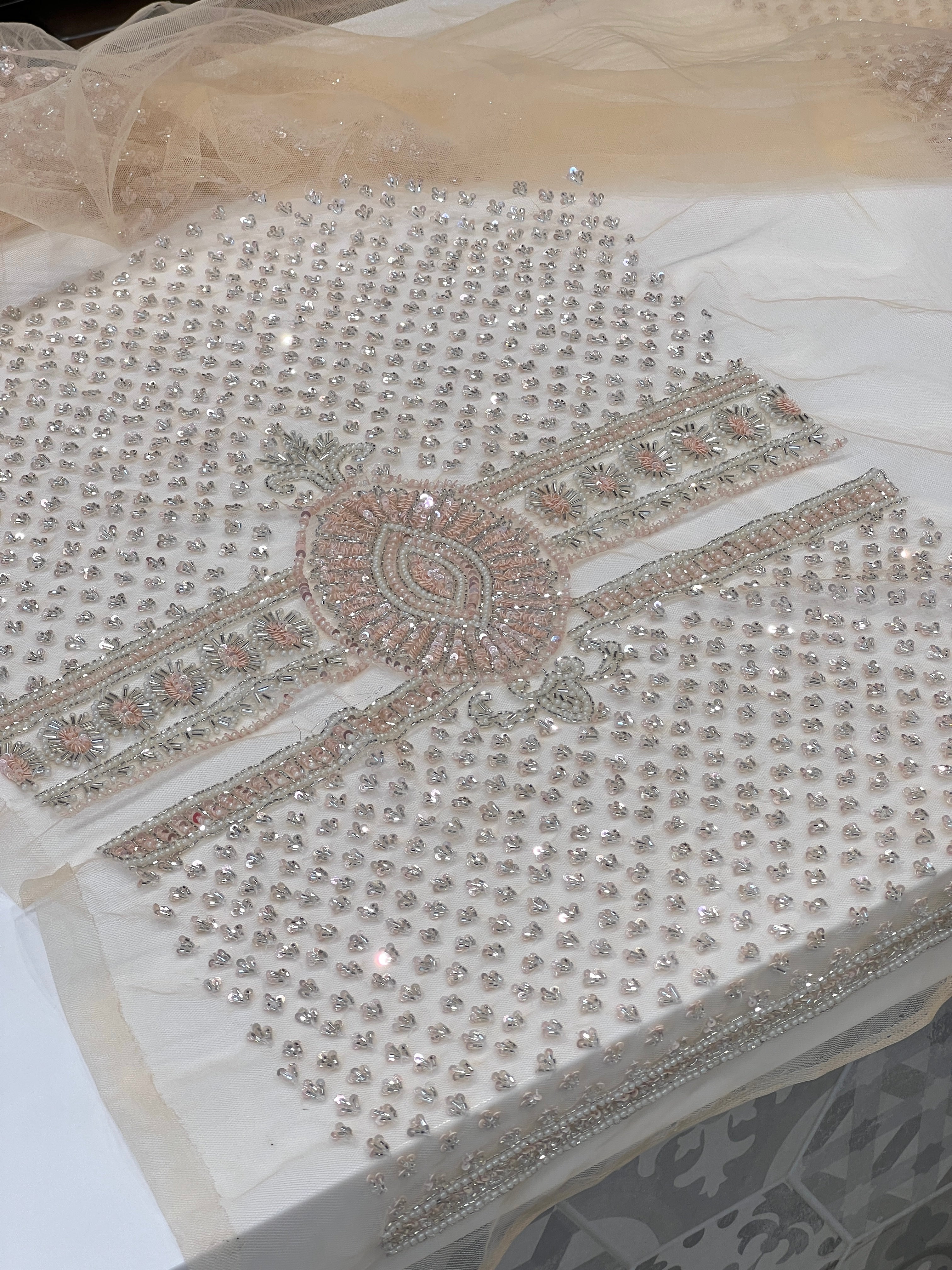 Nude Beige Hand Embroidered Net Saree