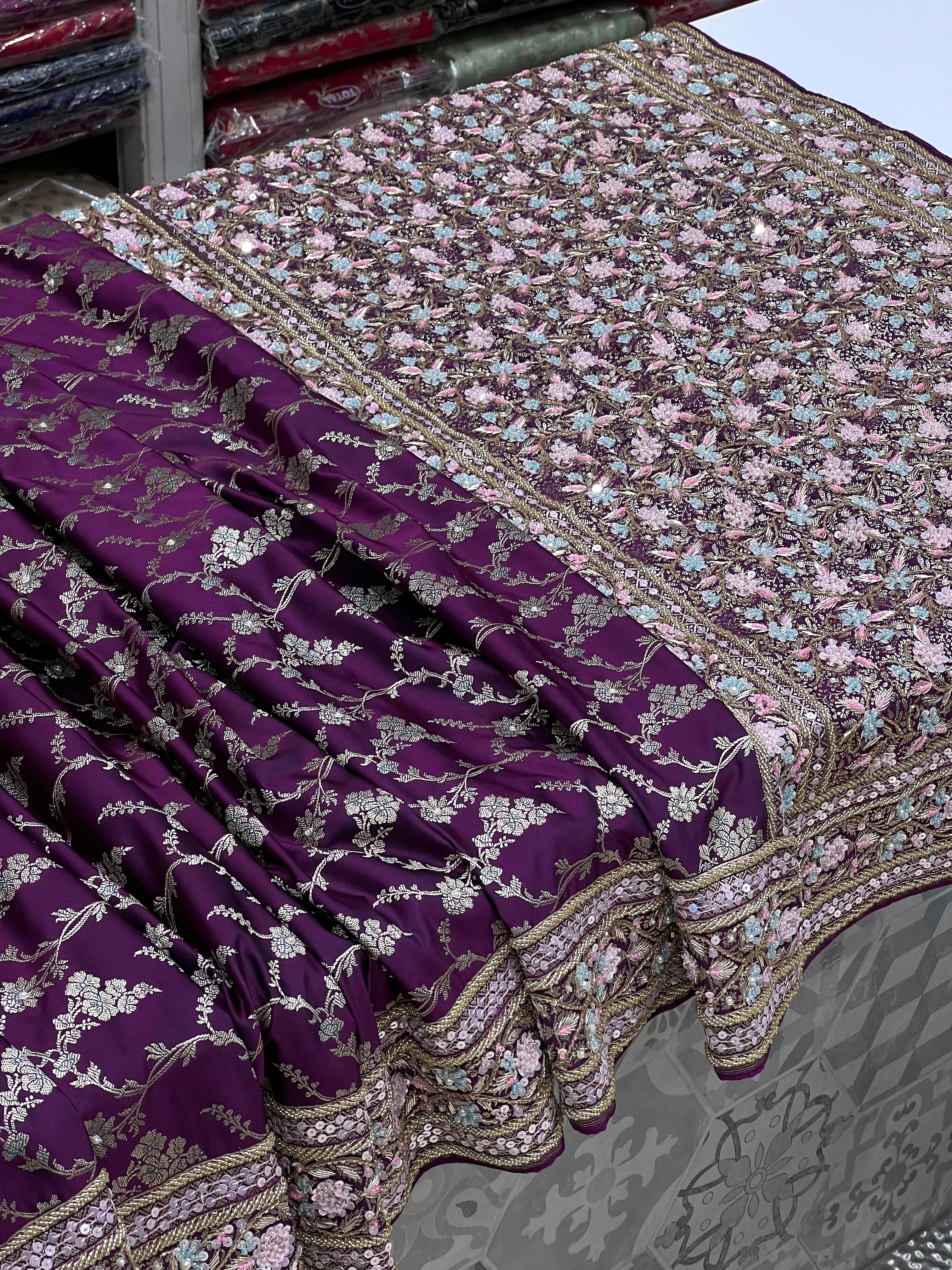 Wine Dhup Chav Jasmine Jaal Fancy Hand Embroidery Saree