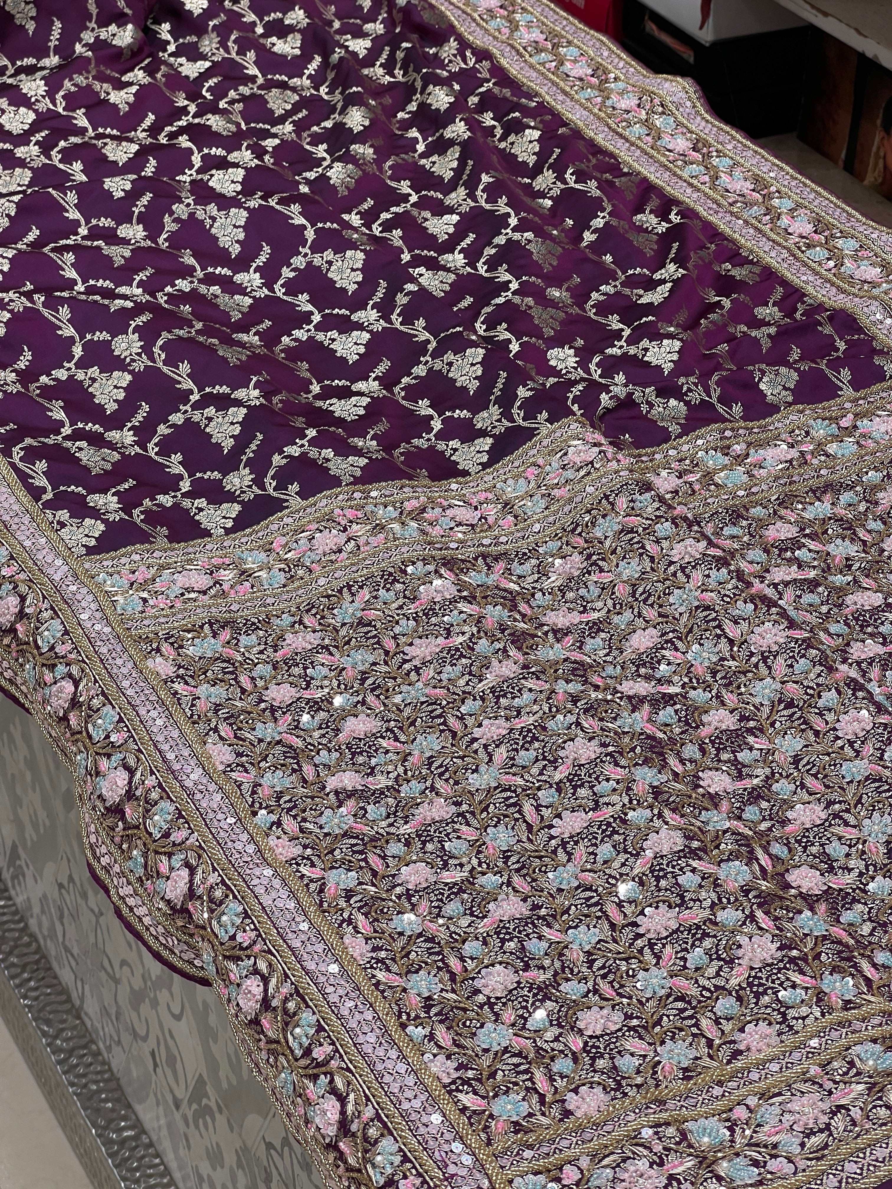Wine Dhup Chav Jasmine Jaal Fancy Hand Embroidery Saree