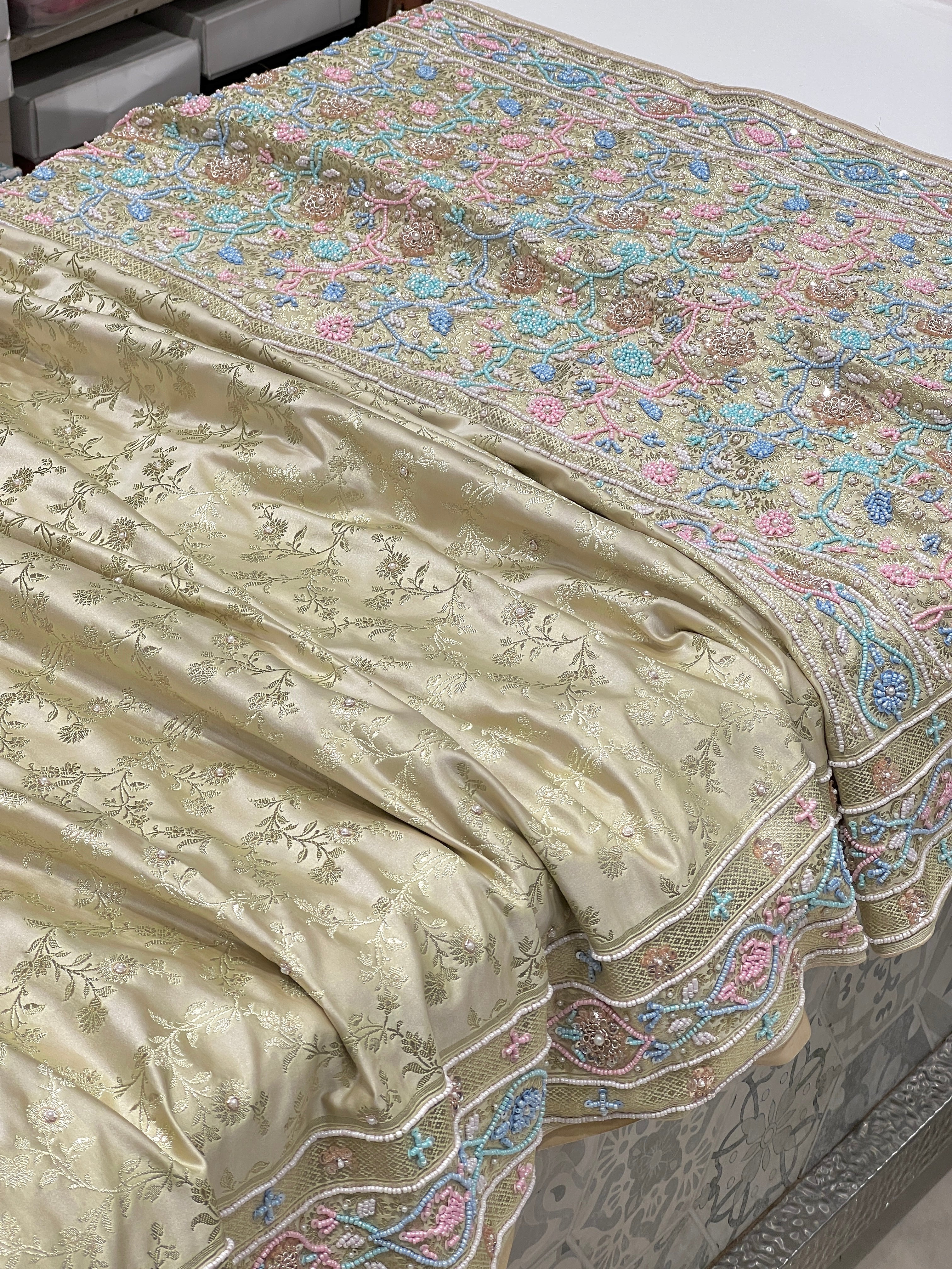 Beige Banarasi Flower Border Multi Moti Hand Embroidery Saree