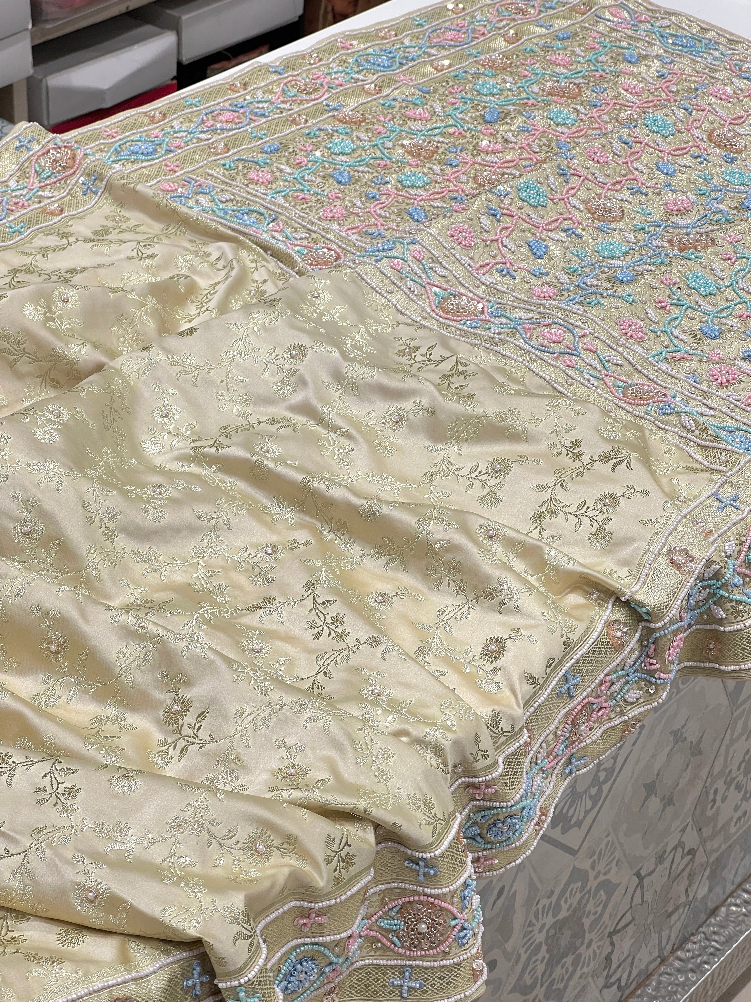 Beige Banarasi Flower Border Multi Moti Hand Embroidery Saree
