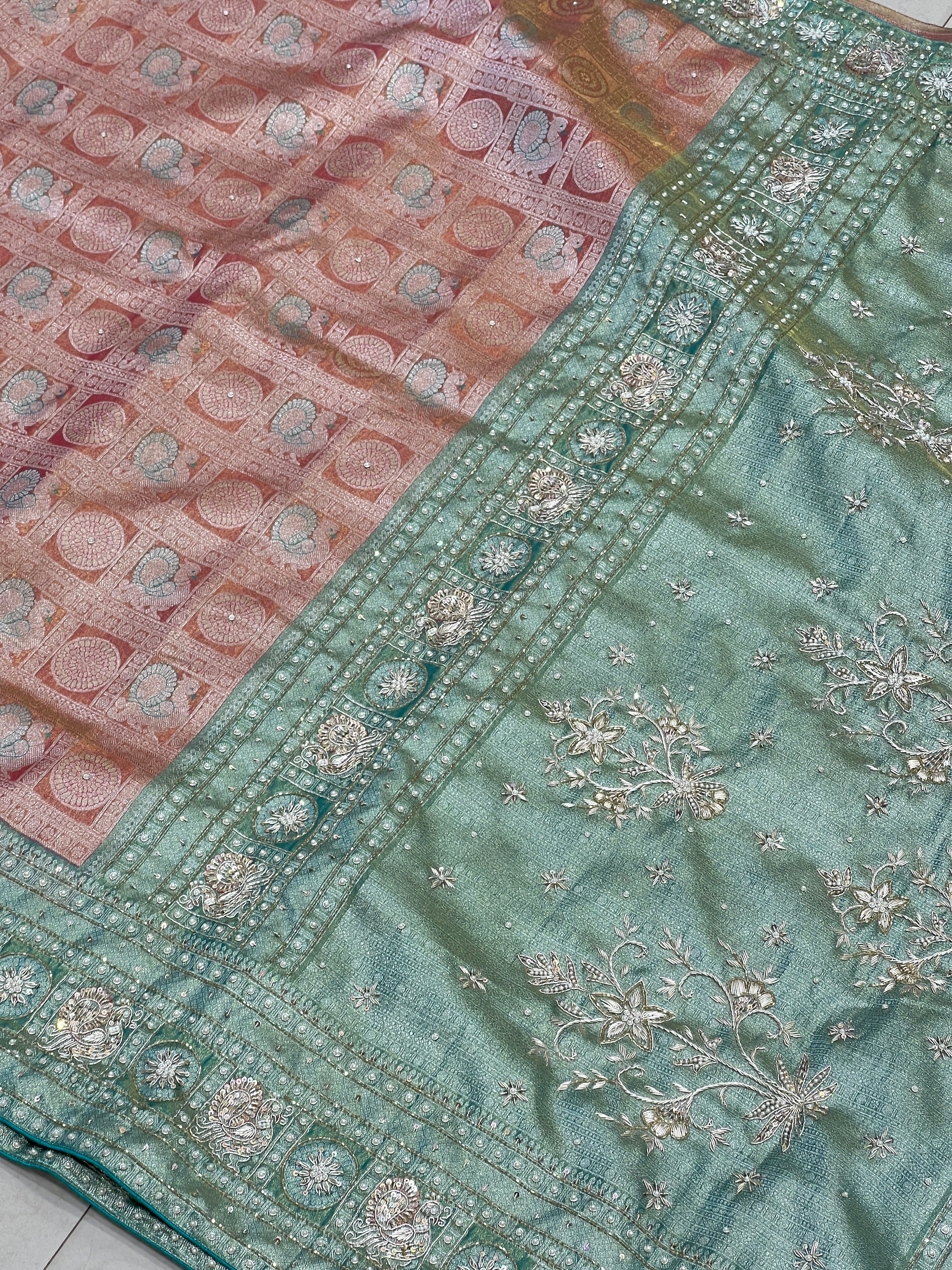 Rust with Sea Green Tissue Kanjivaram Hand Embroidery Saree
