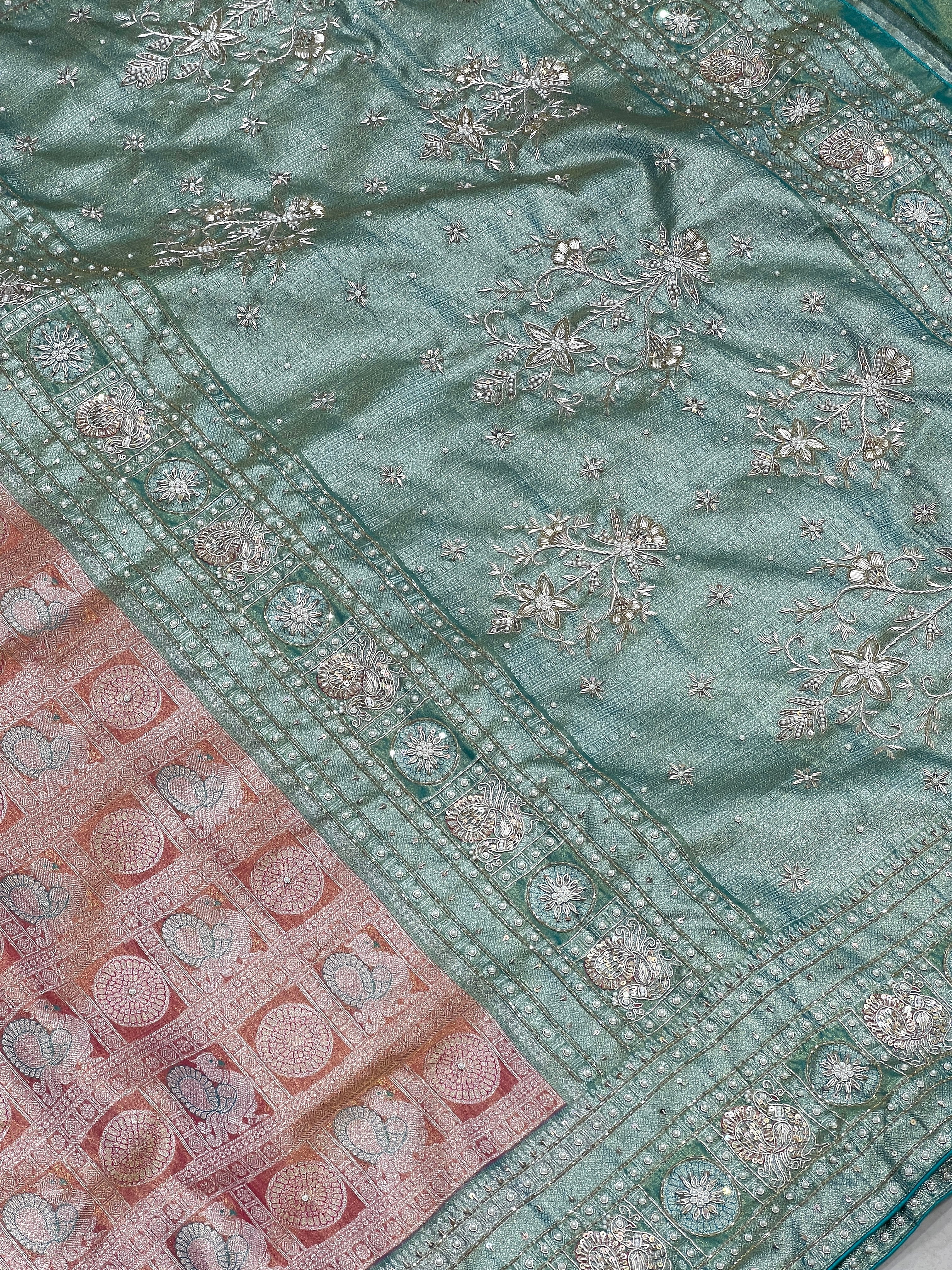 Rust with Sea Green Tissue Kanjivaram Hand Embroidery Saree
