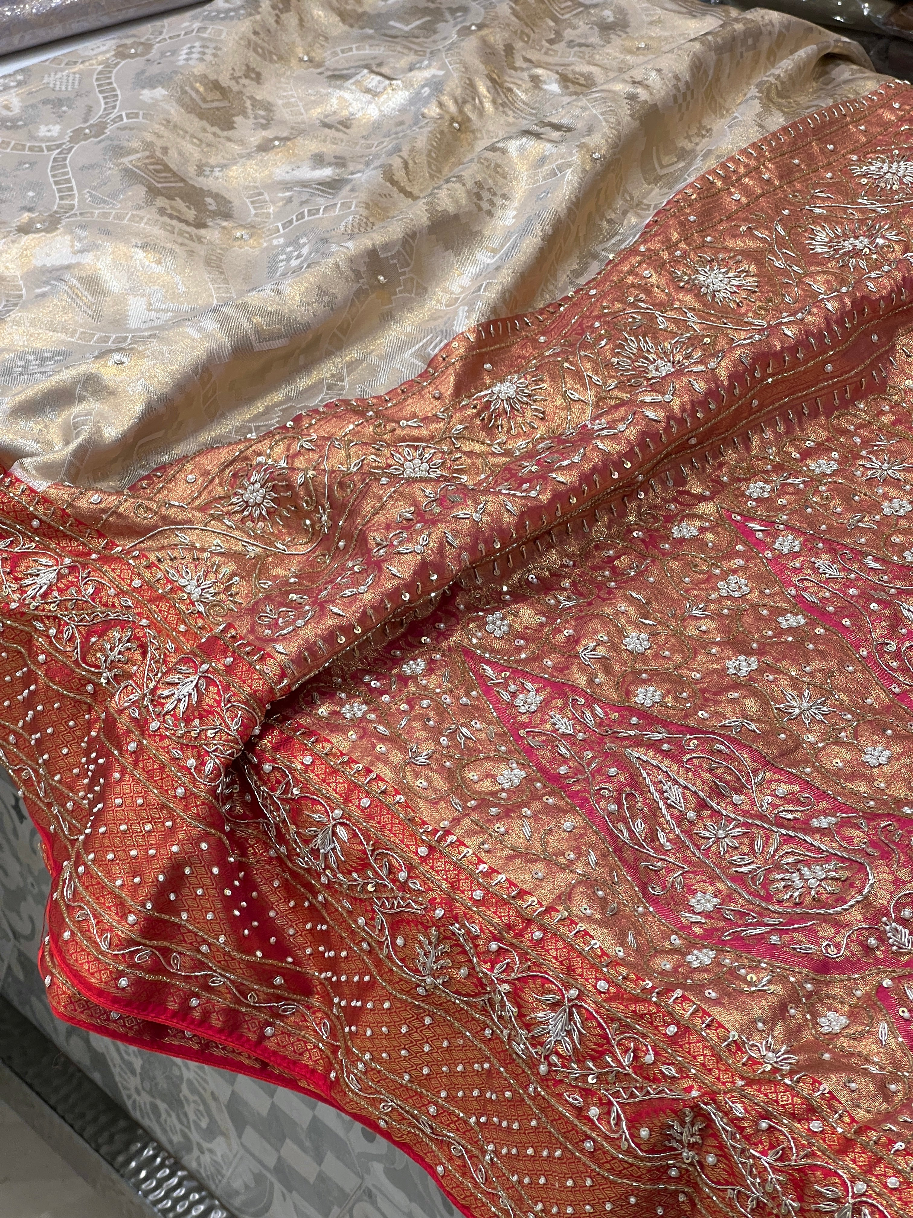 Beige Red Tissue Kanjivaram Hand Embroidery Saree