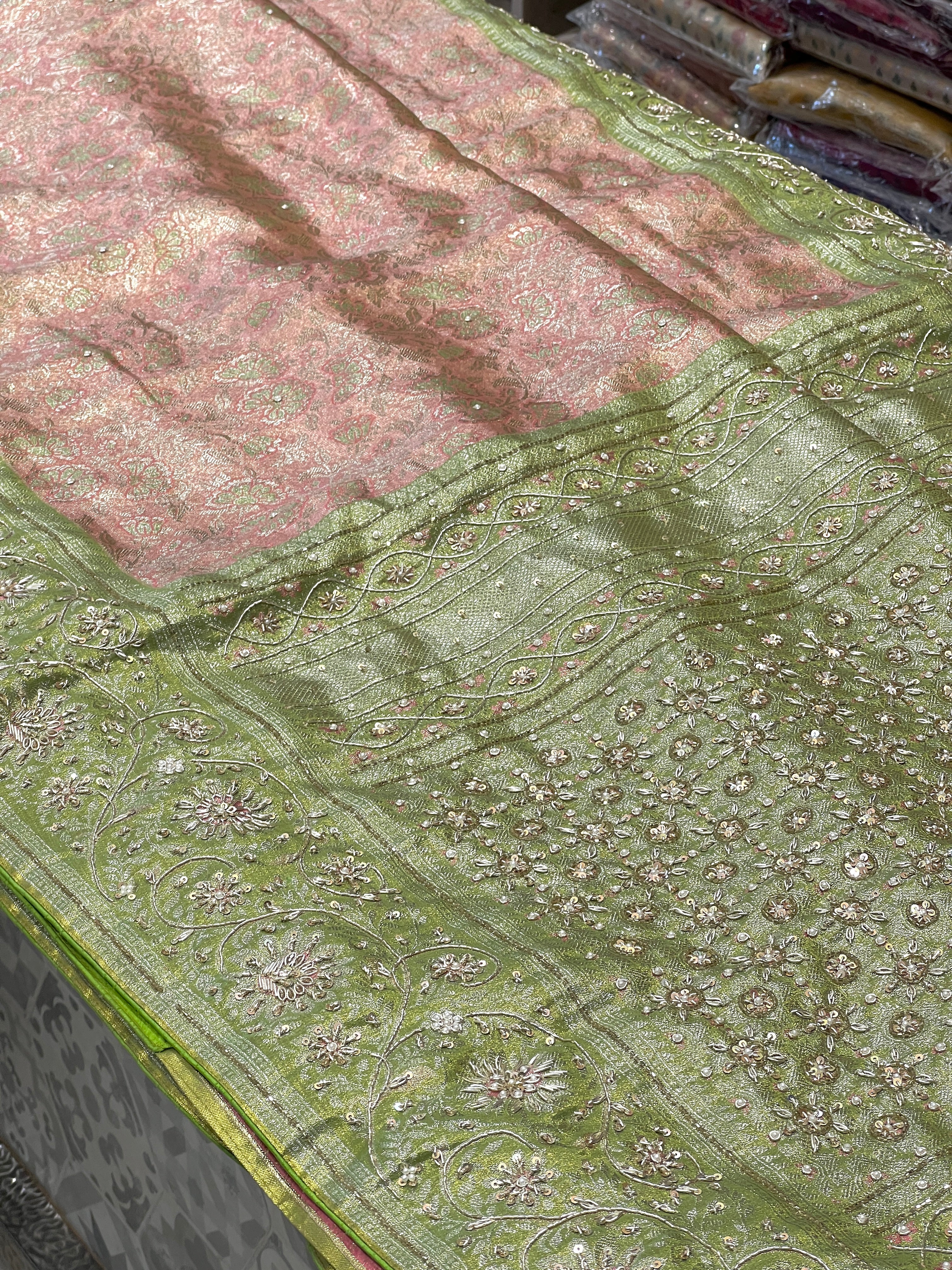 Peach Green Tissue Kanjivaram Zardozi Hand Embroidery Saree