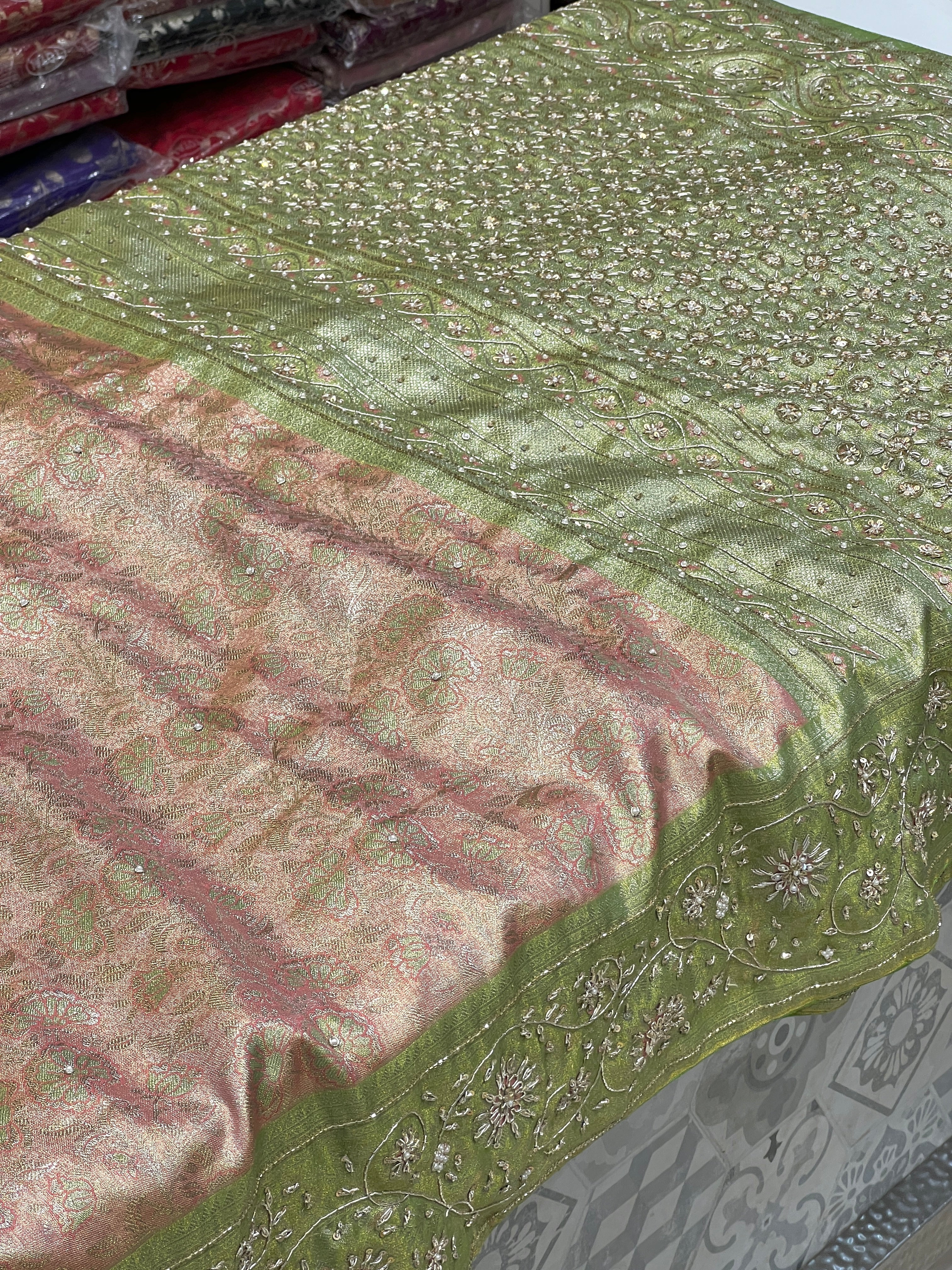 Peach Green Tissue Kanjivaram Zardozi Hand Embroidery Saree