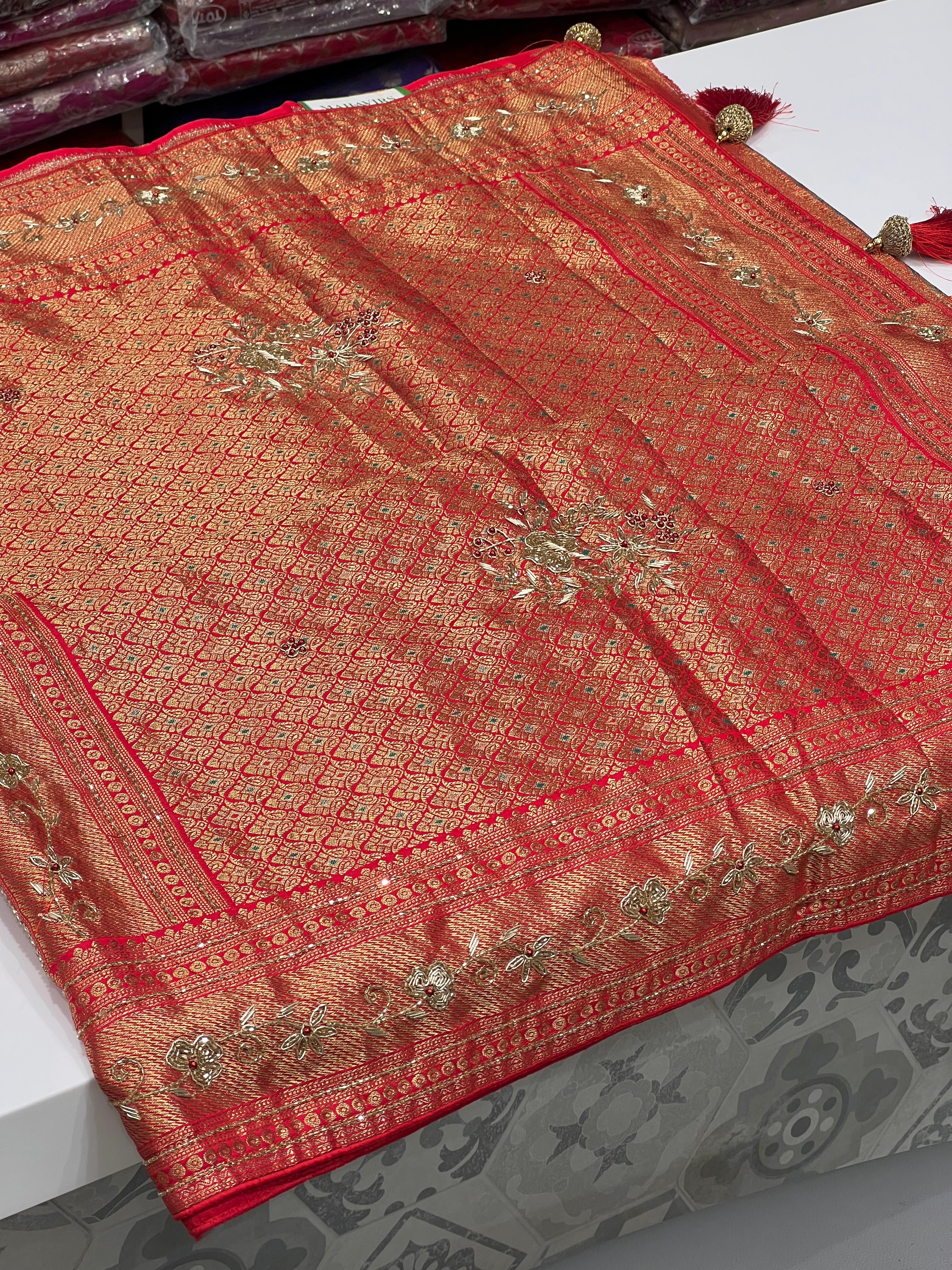 Red Parrot Tissue Kanjivaram Hand Embroidery Saree