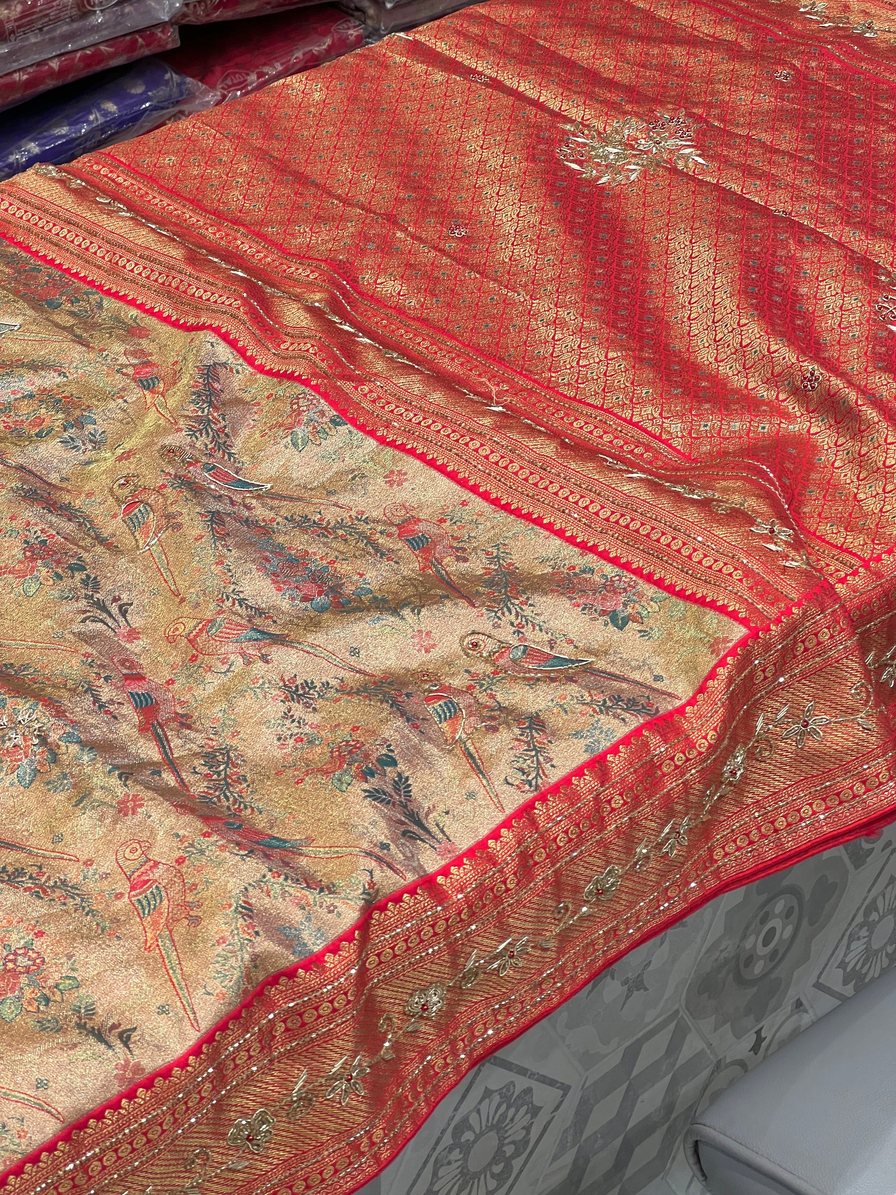 Red Parrot Tissue Kanjivaram Hand Embroidery Saree