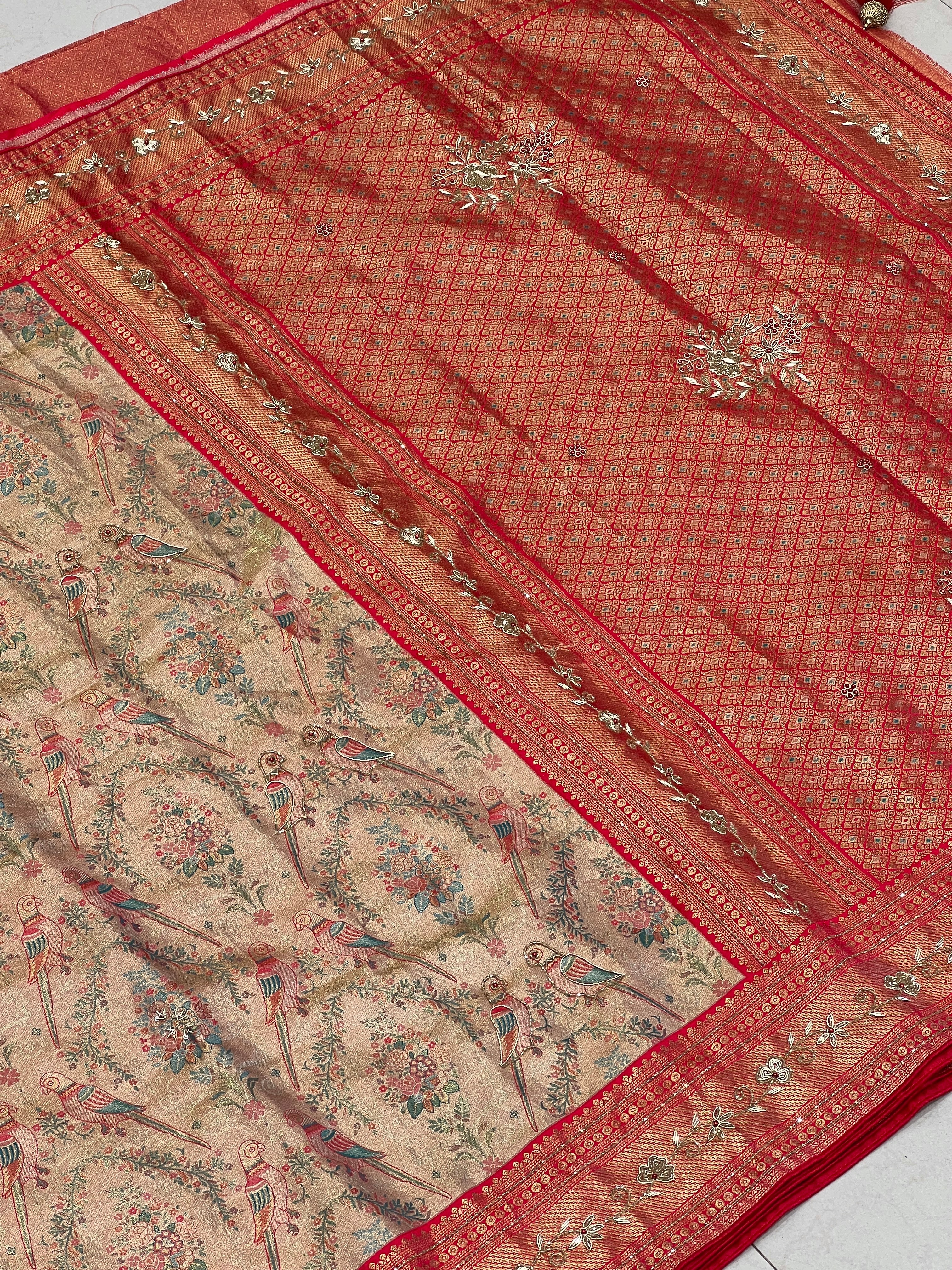 Red Parrot Tissue Kanjivaram Hand Embroidery Saree